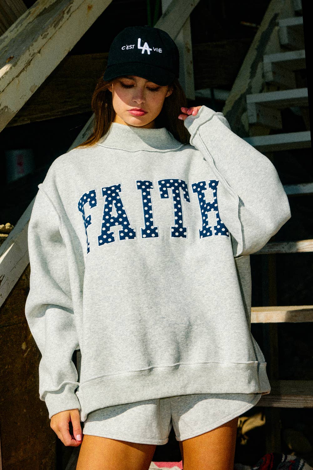 Bucketlist FAITH Embroidered Polka-Dot Mock Neck Sweatshirt - Heather Grey/Polka Dot detail view