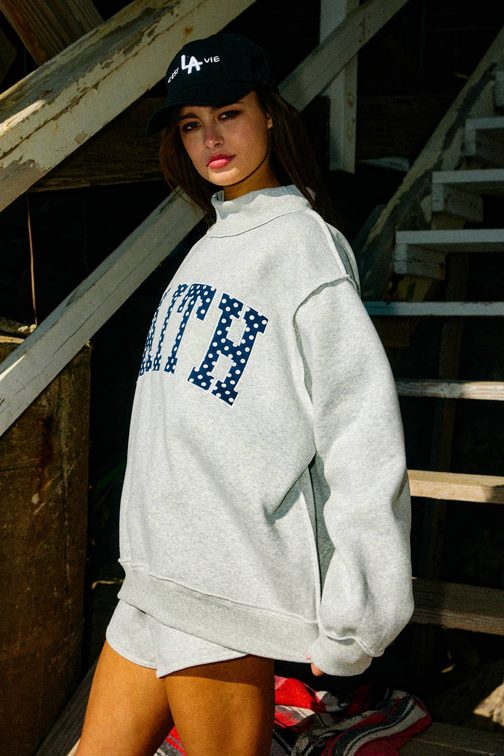 Bucketlist FAITH Embroidered Polka-Dot Mock Neck Sweatshirt - Heather Grey/Polka Dot detail view 2