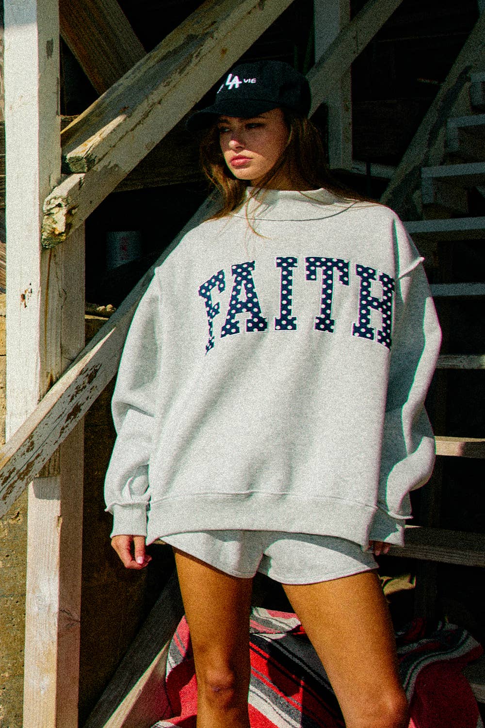 Bucketlist FAITH Embroidered Polka-Dot Mock Neck Sweatshirt - Heather Grey/Polka Dot front view