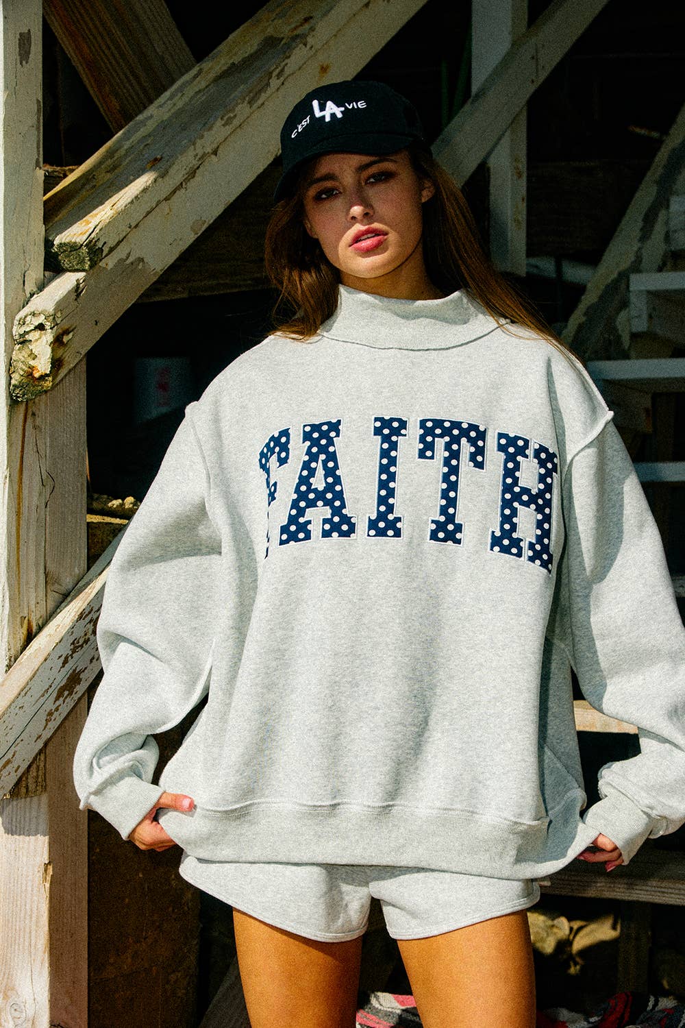 Bucketlist FAITH Embroidered Polka-Dot Mock Neck Sweatshirt - Heather Grey/Polka Dot side view