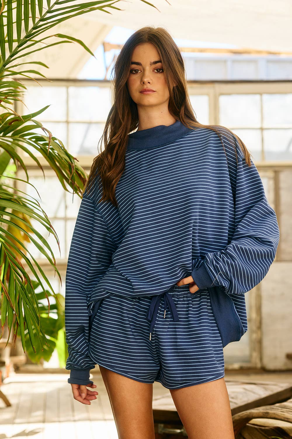 Stripe Print Mock Neck Oversized Sweatshirt-Navy