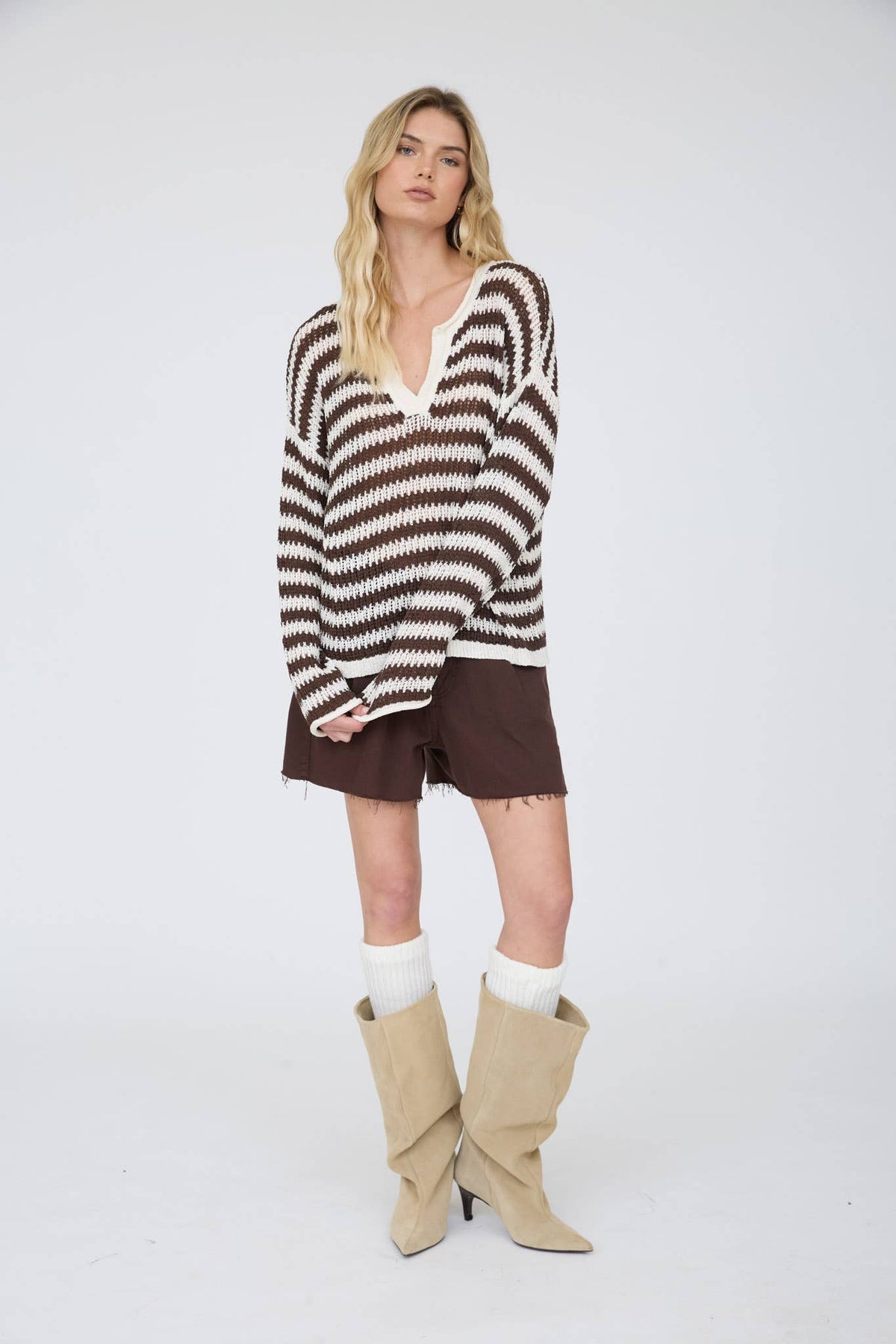 Blu Pepper Stripe Raw Edge Split Neck Sweater - Oatmeal