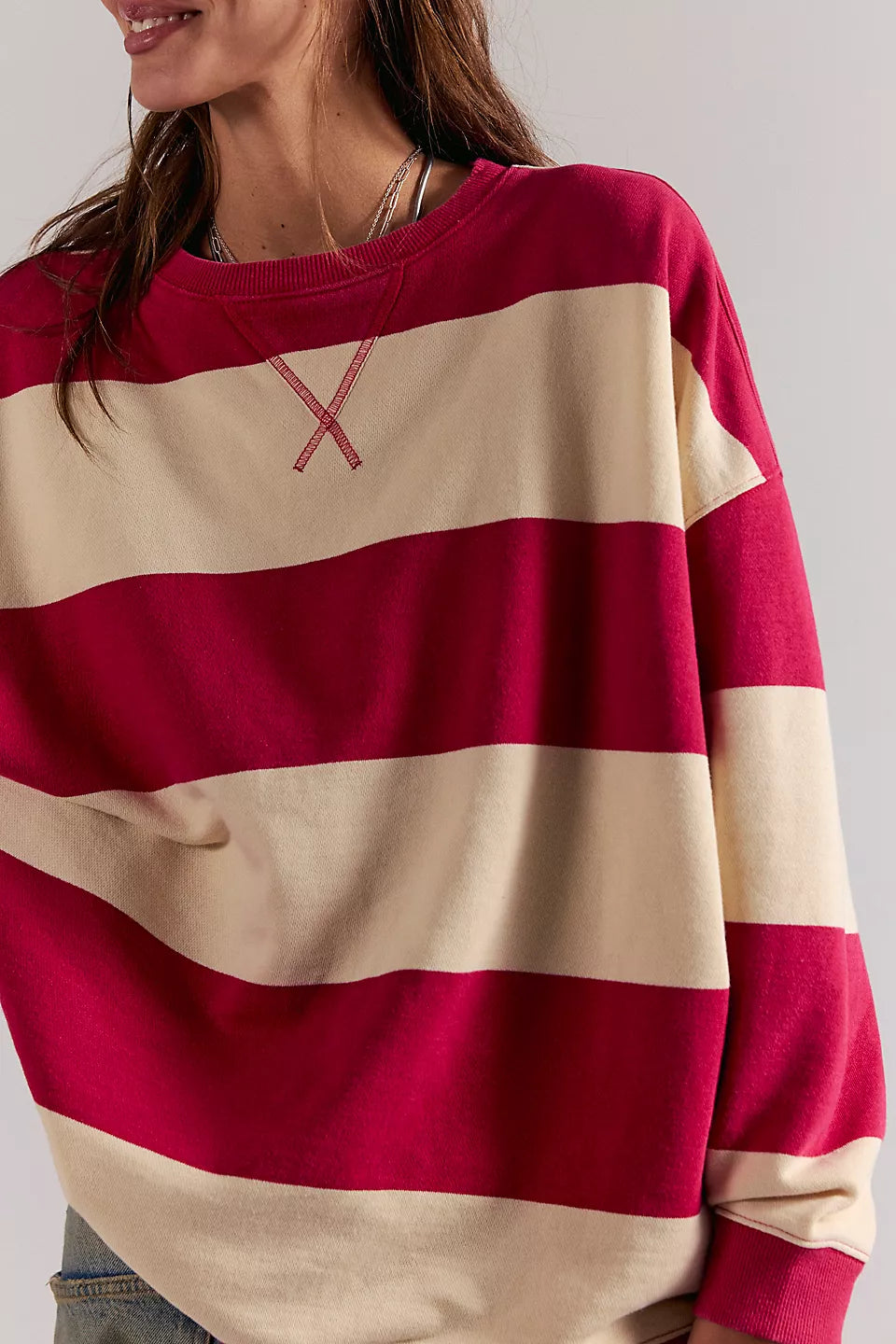 Free People Classic Stripe Crew in Cherry Combo - detail view