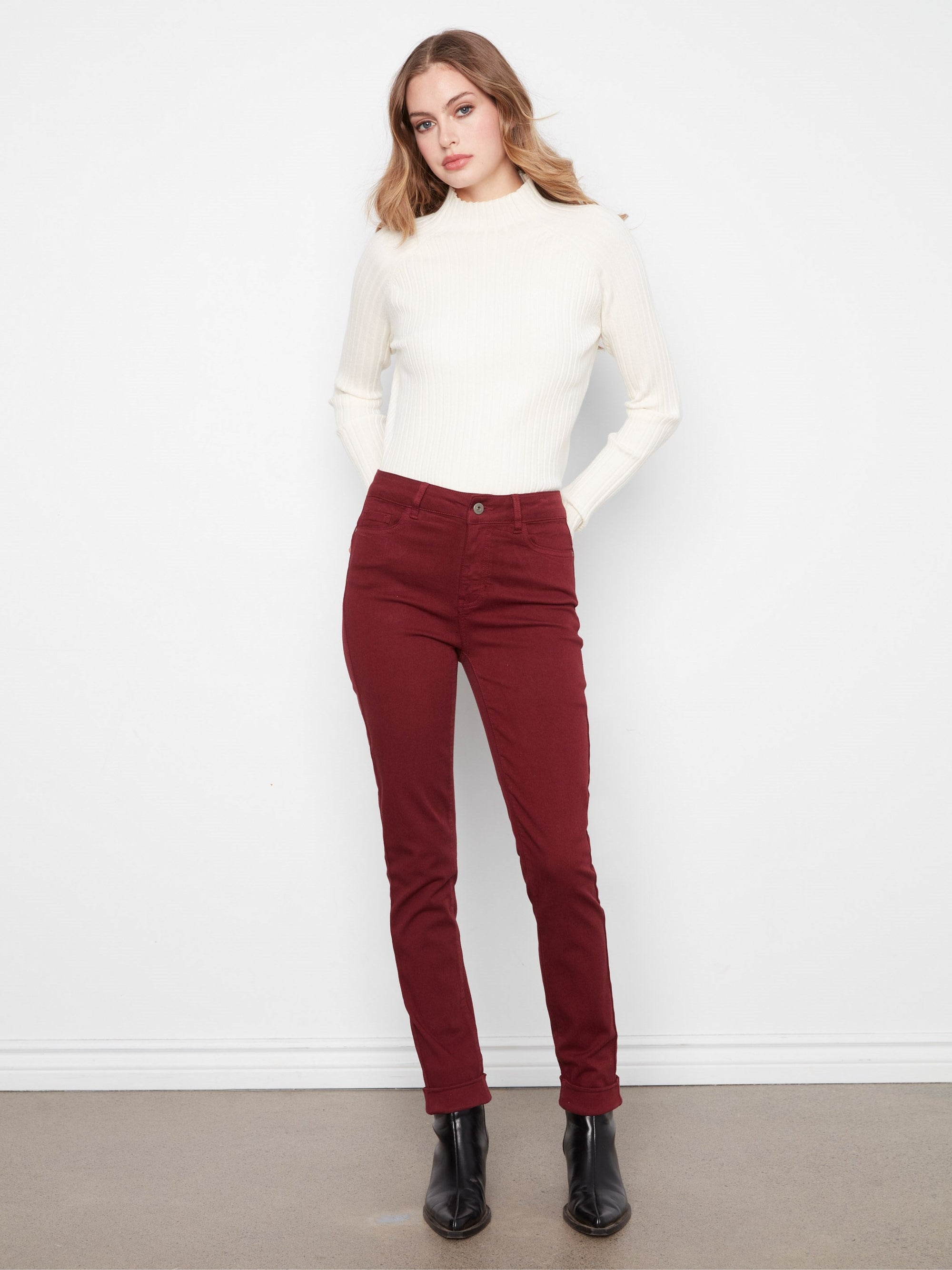 Charlie B Cuffed Hem Pant in Merlot - front view