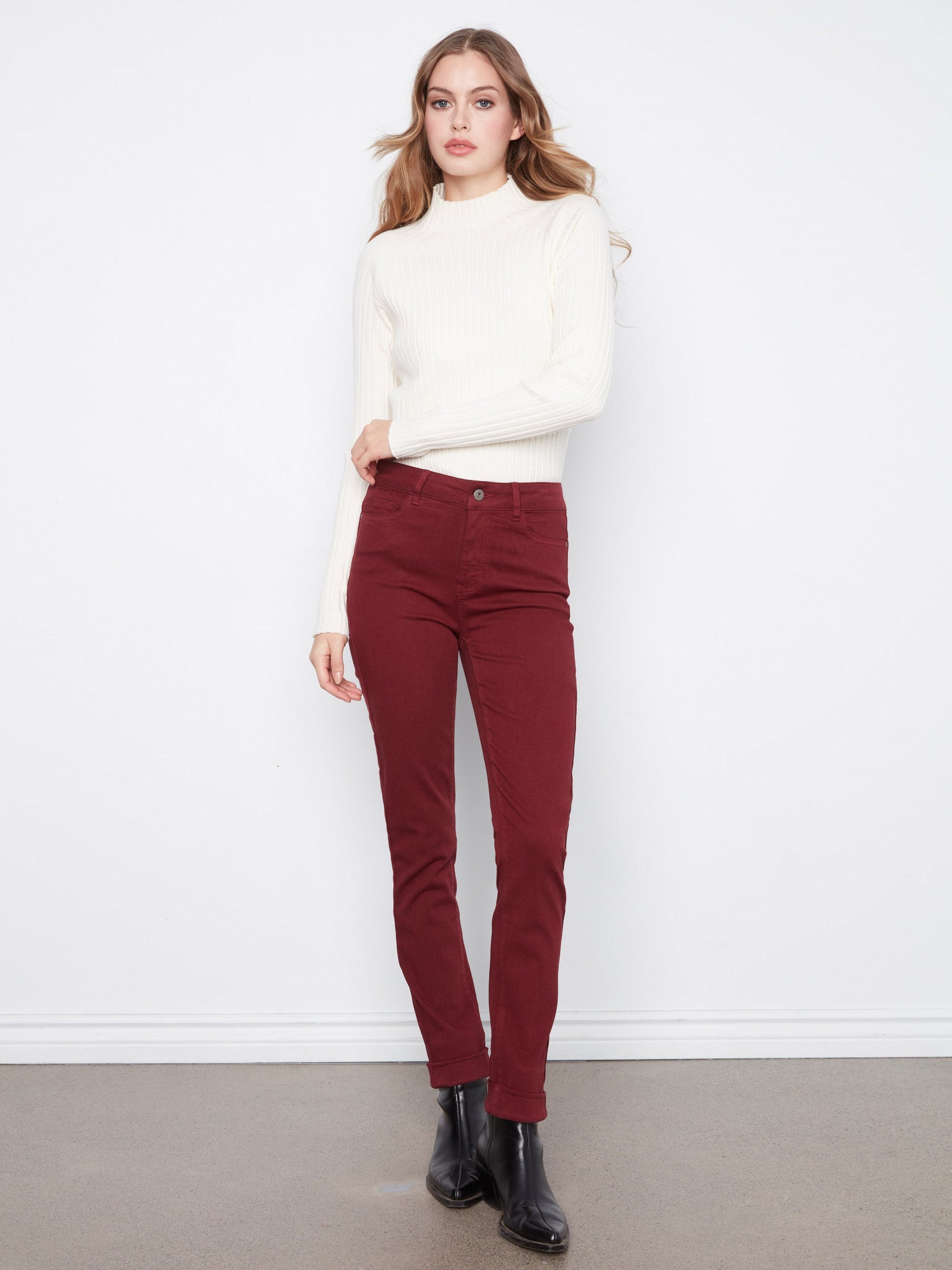 Charlie B Cuffed Hem Pant in Merlot - alt view