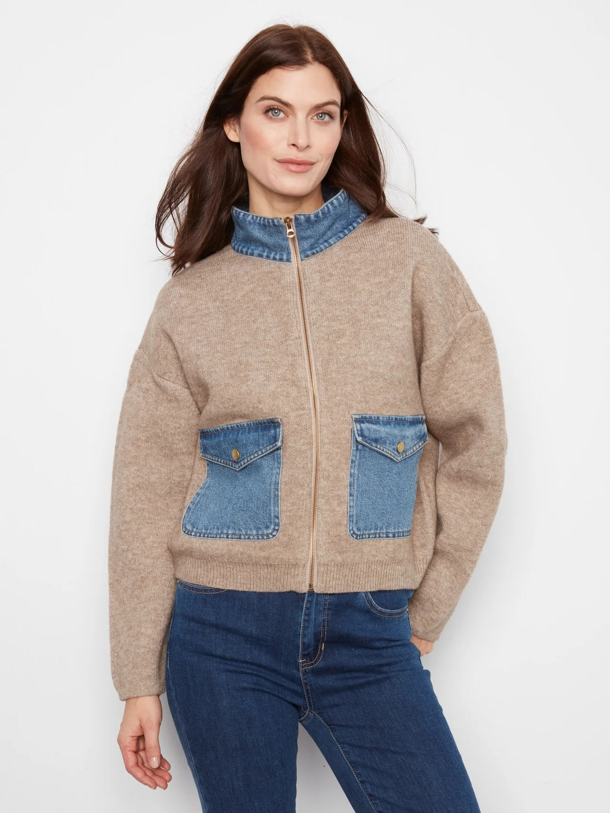 Charlie B Zipped Sweater Jacket - Sable