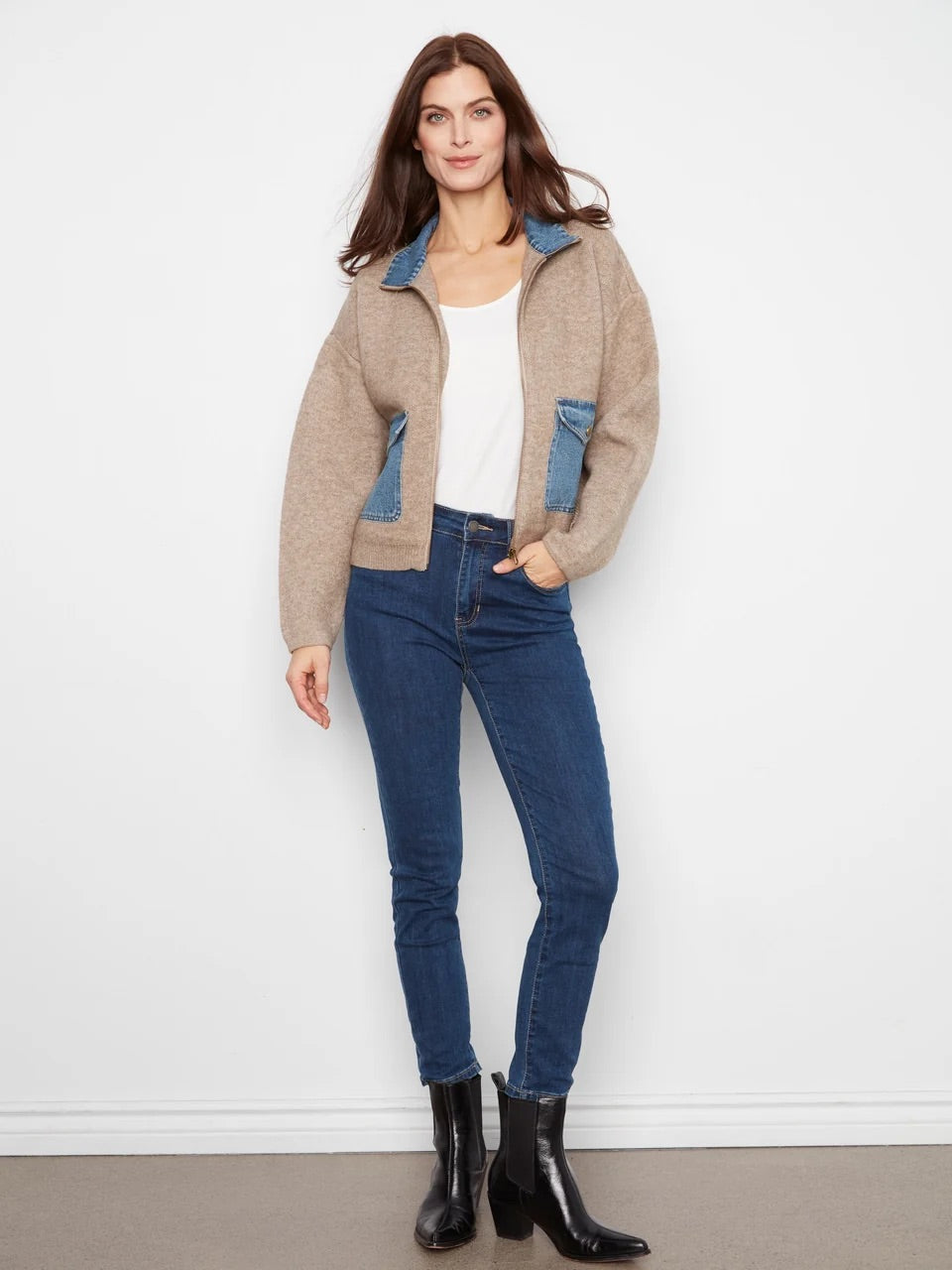Charlie B Zipped Sweater Jacket - Sable