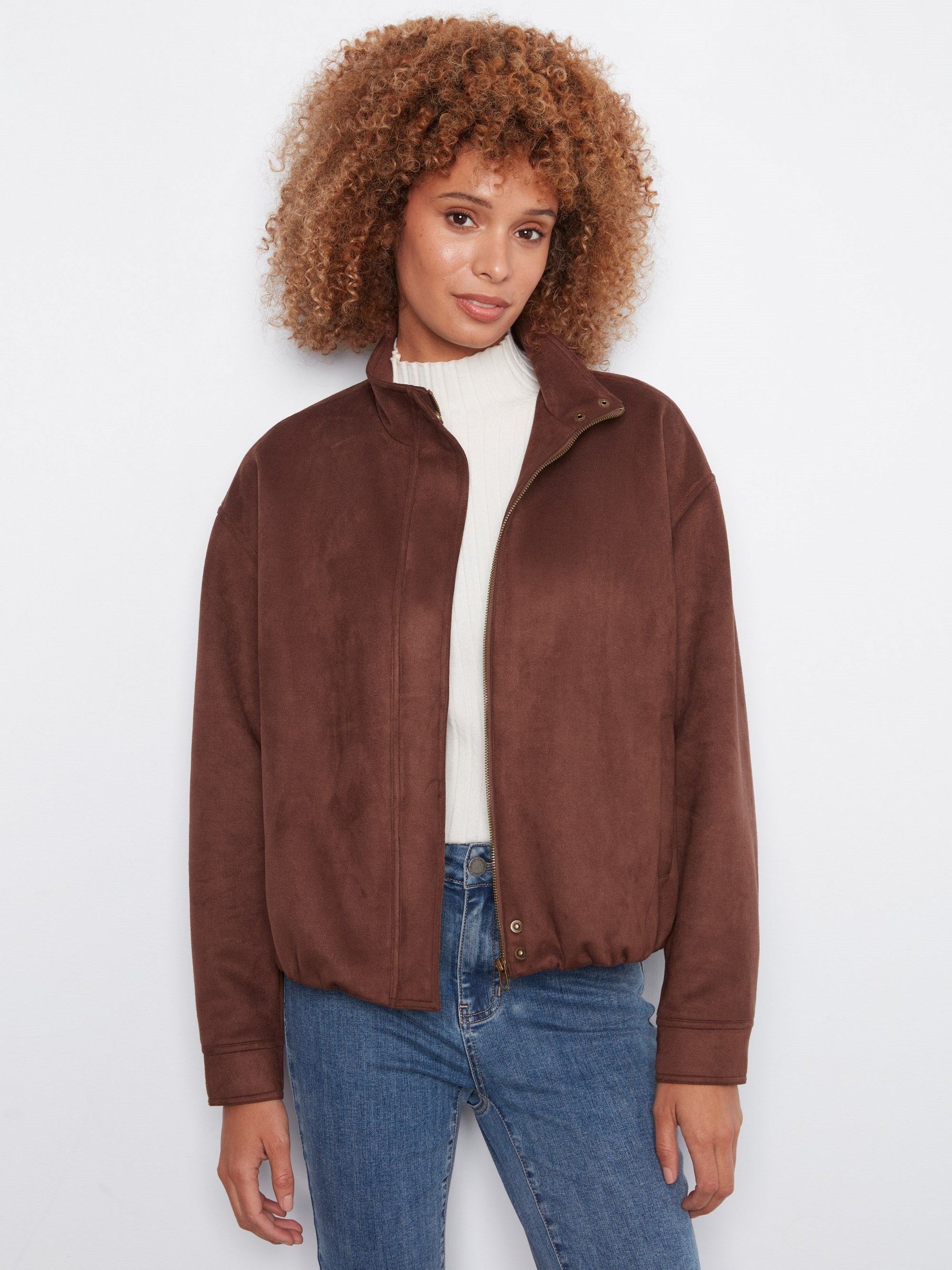 Charlie B Faux Suede Leather Jacket in Coffee - front
