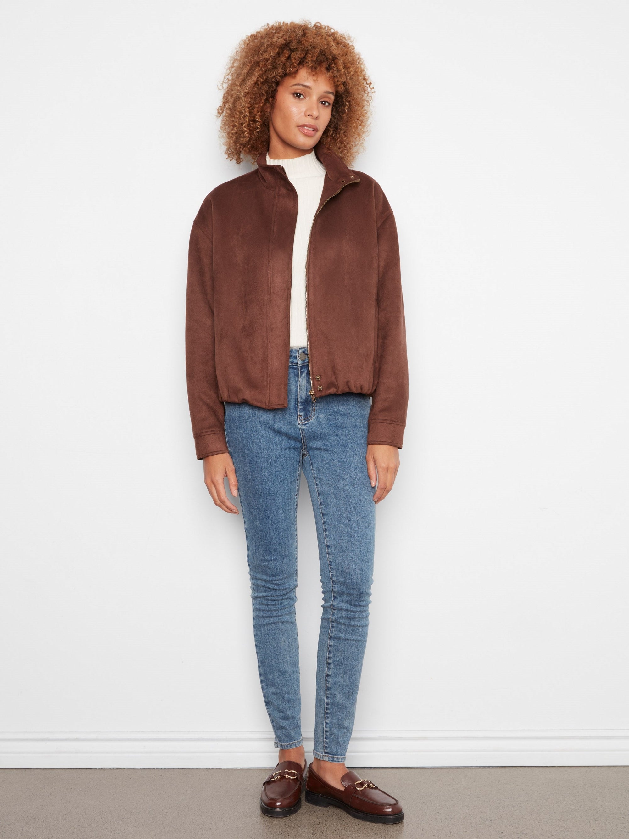 Charlie B Faux Suede Leather Jacket in Coffee - detail