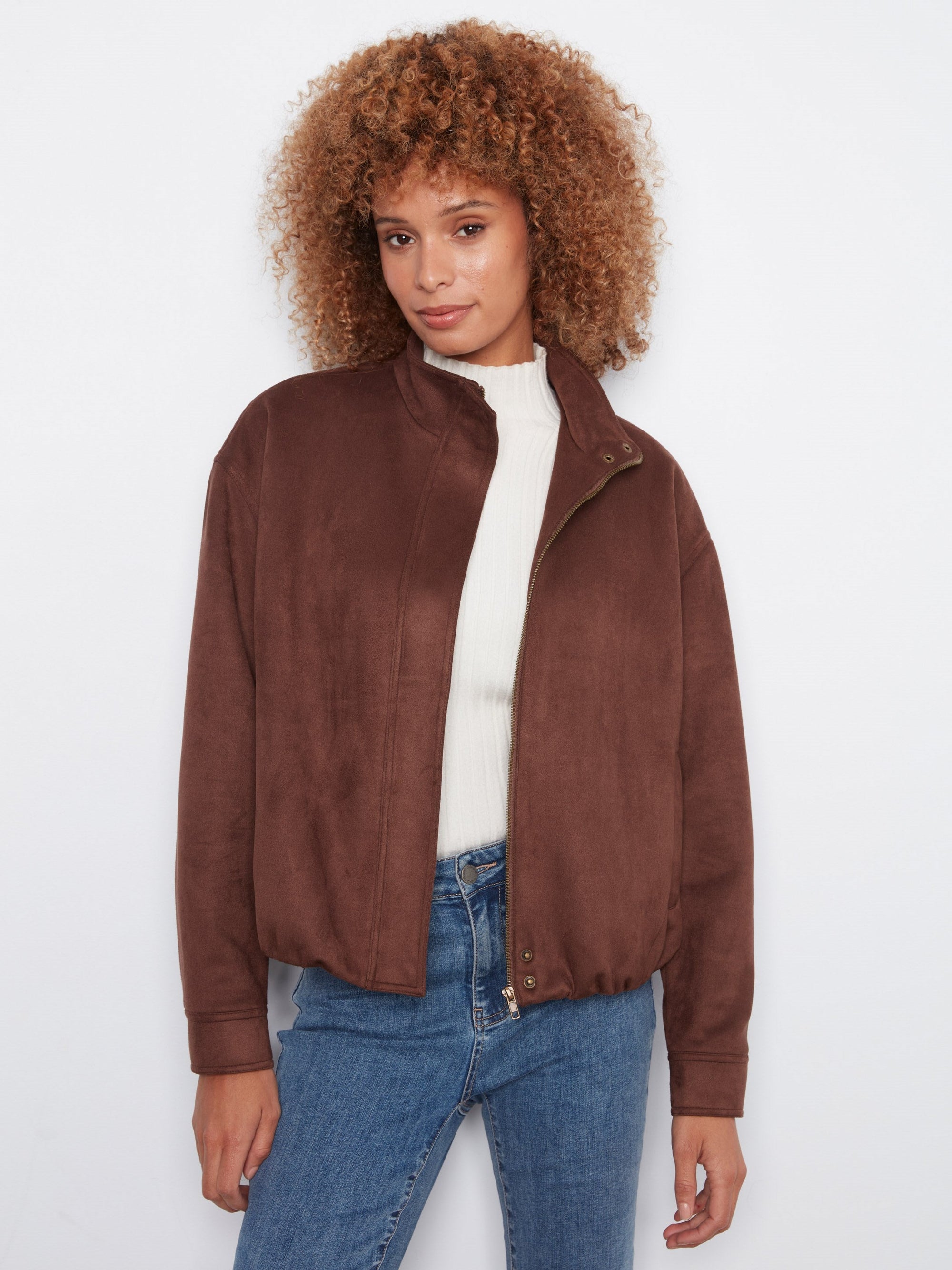Charlie B Faux Suede Leather Jacket in Coffee - back