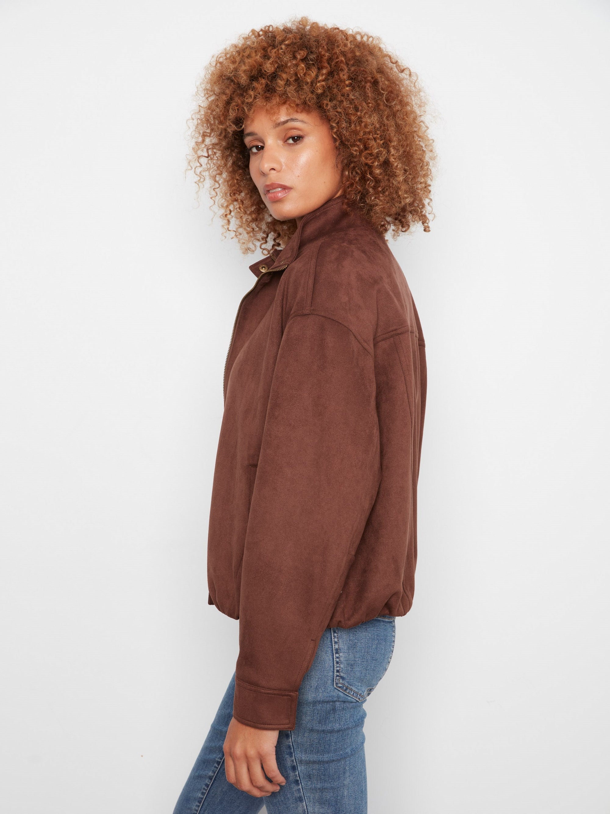 Charlie B Faux Suede Leather Jacket in Coffee - pocket detail