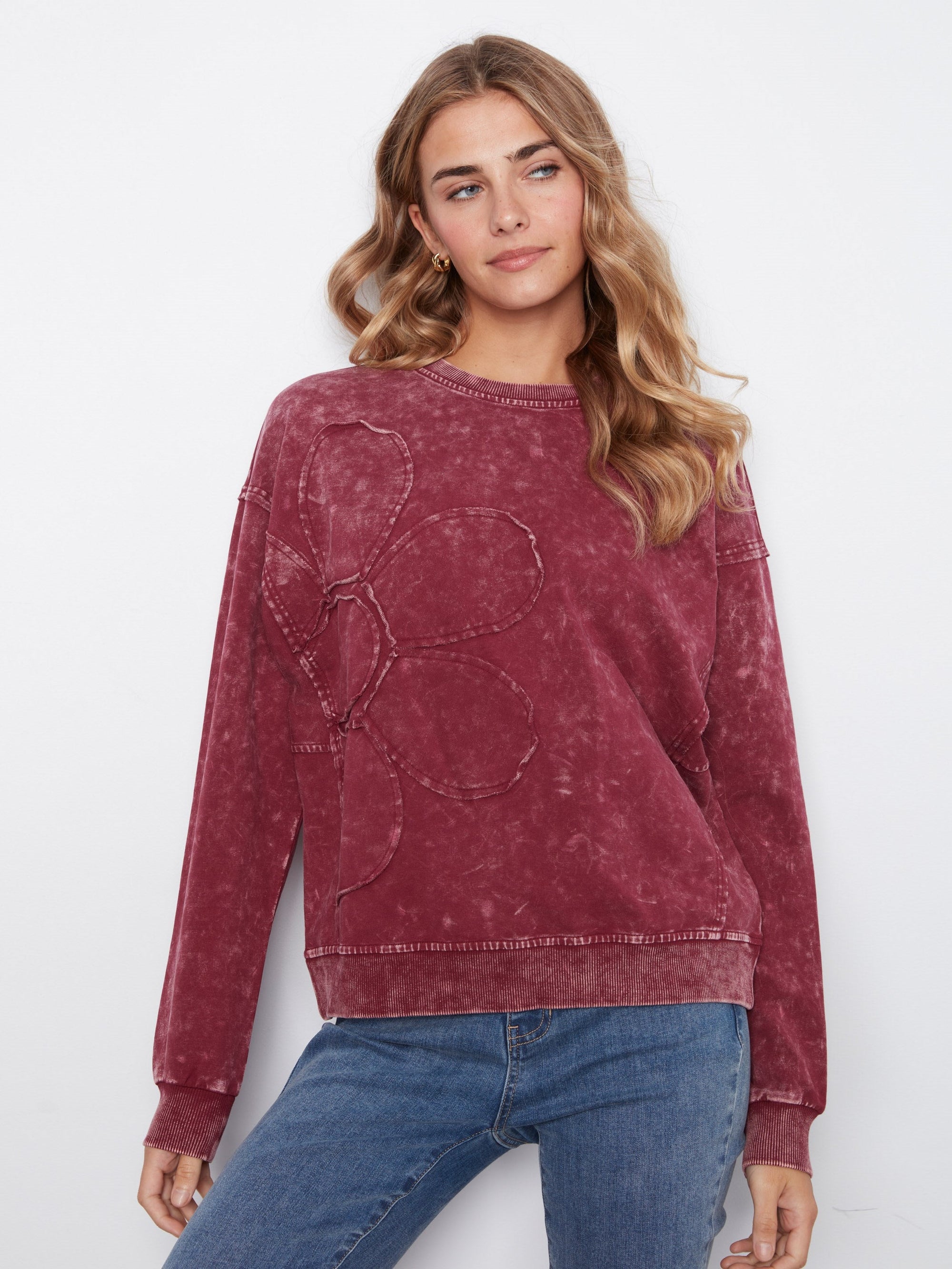 Charlie B Flower Appliqué Top in Merlot - front