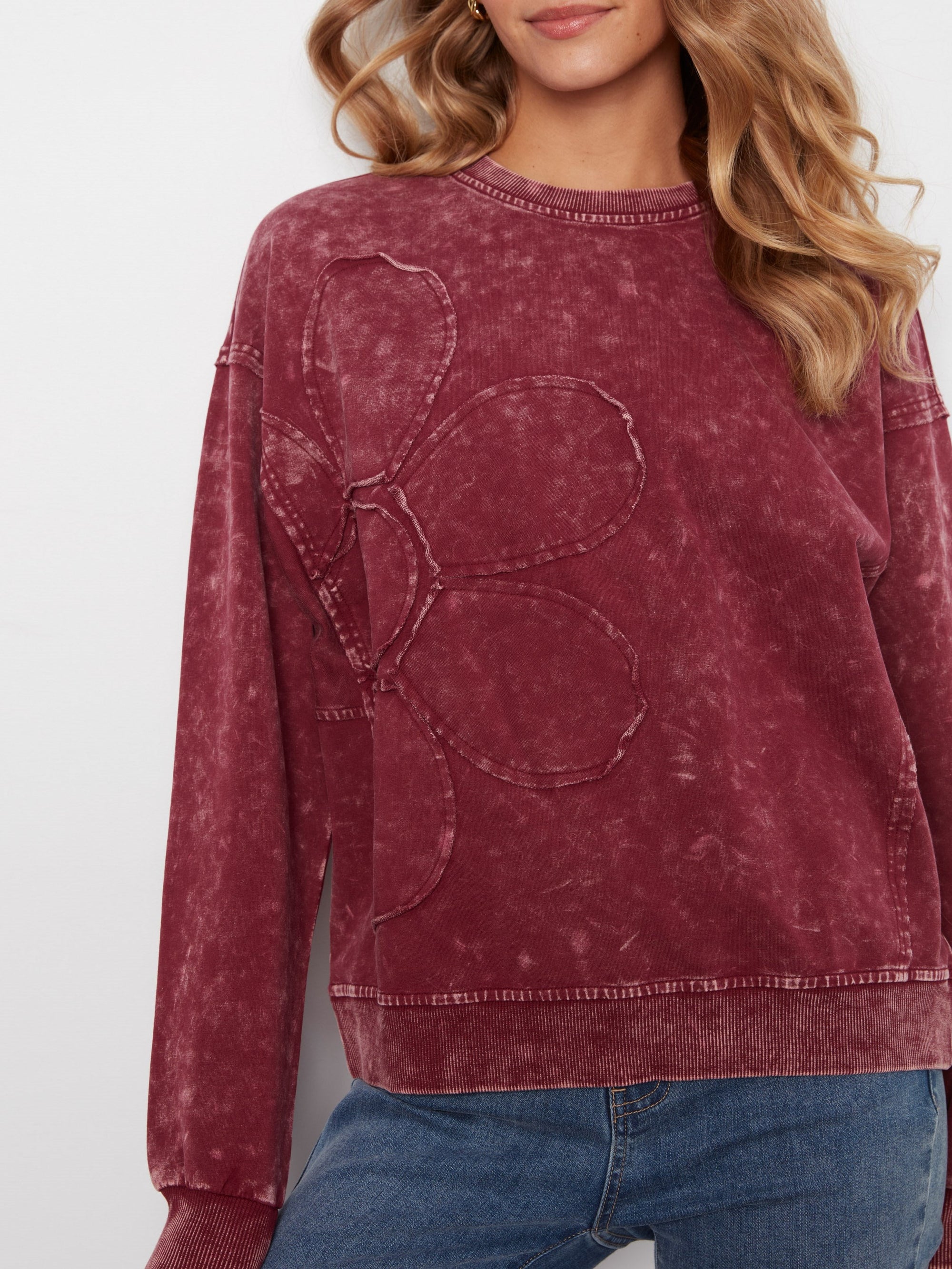 Charlie B Flower Appliqué Top in Merlot - detail