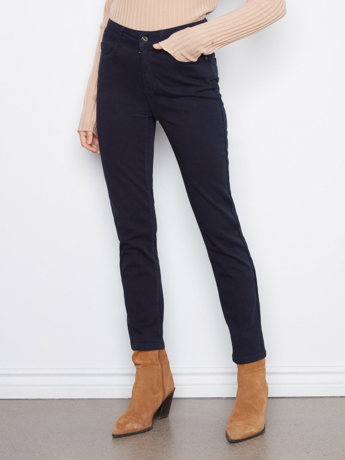 Charlie B Twill Slim Leg Pant in Navy - styled view