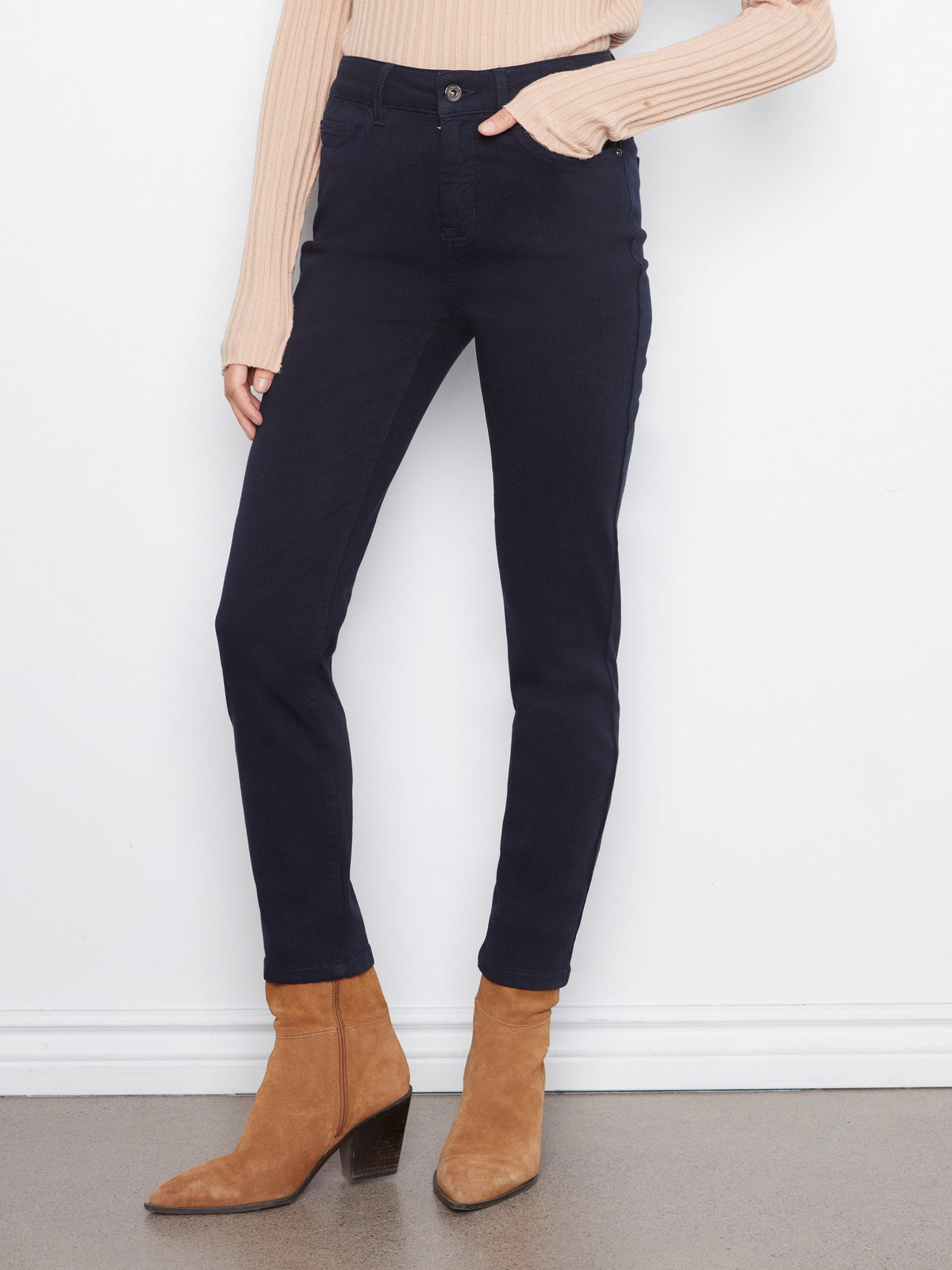 Charlie B Twill Slim Leg Pant in Navy - styled view