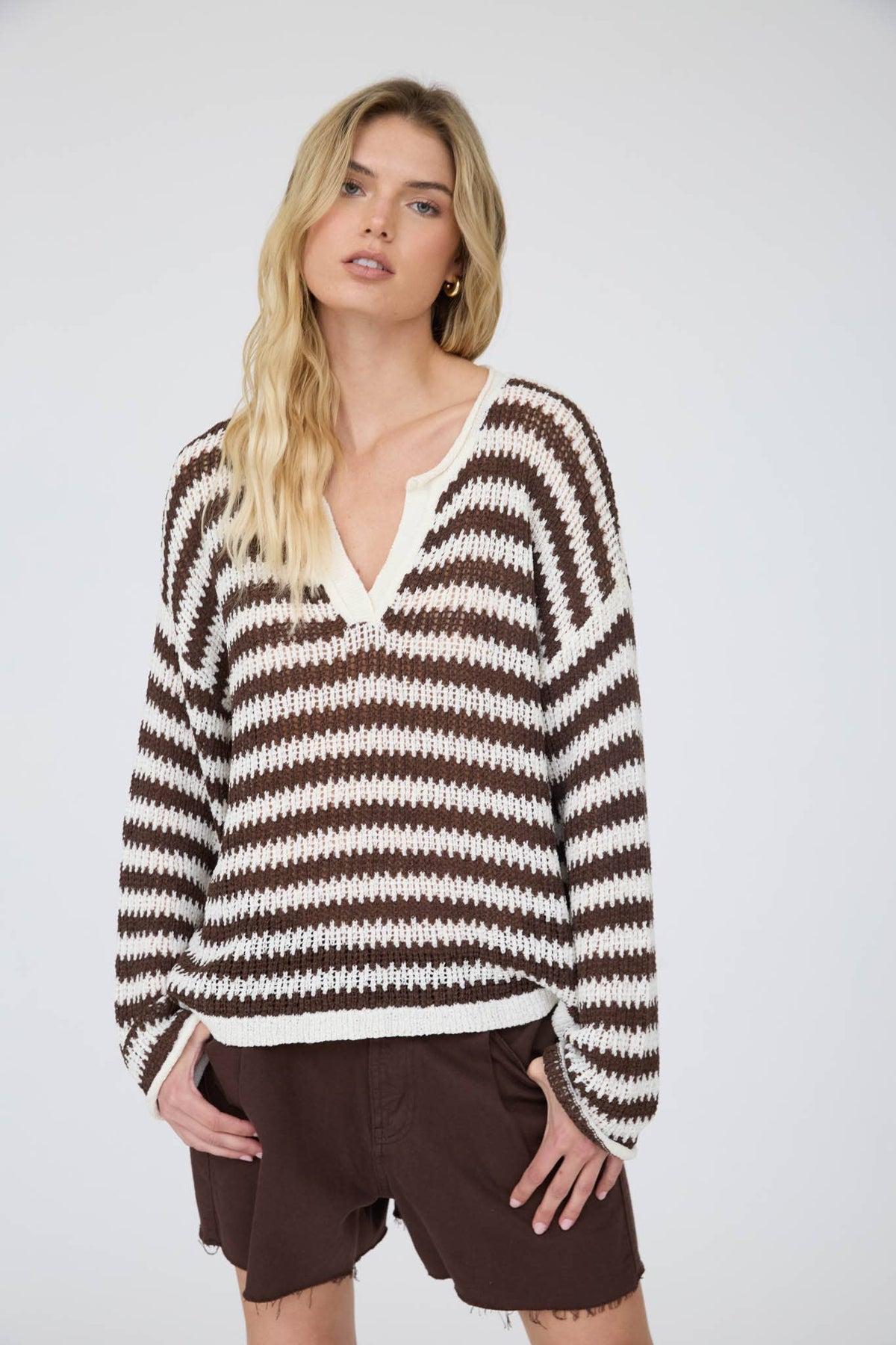 Blu Pepper Stripe Raw Edge Split Neck Sweater Oatmeal close up