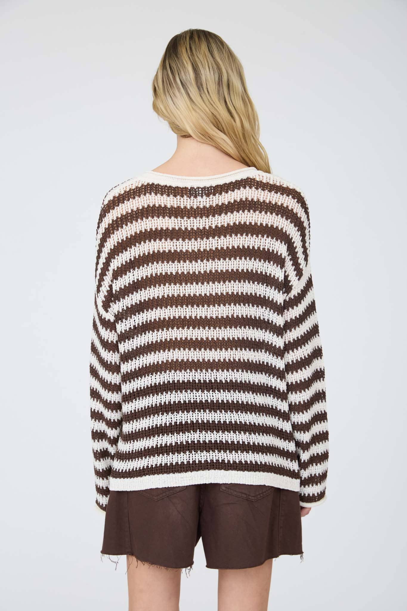 Blu Pepper Stripe Raw Edge Split Neck Sweater Oatmeal back