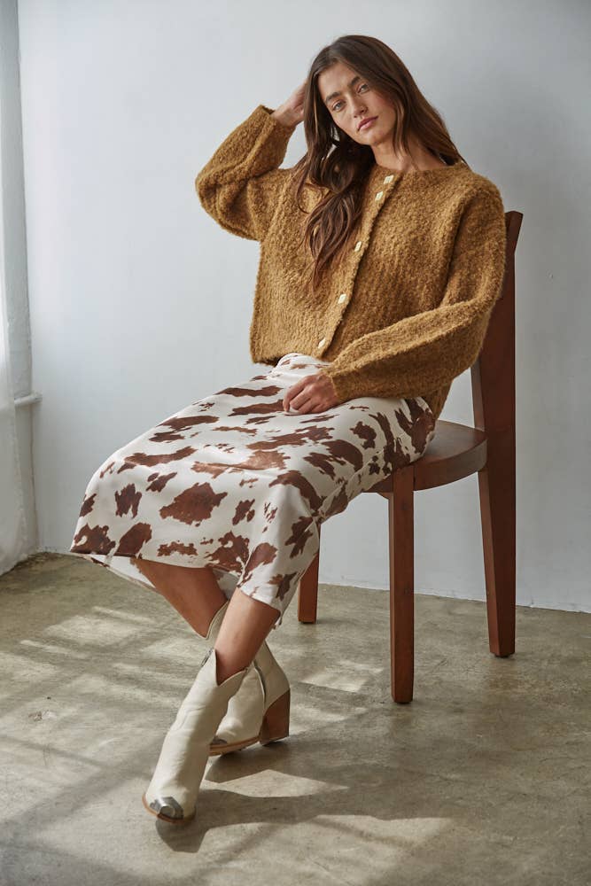 By Together Cow Print Satin Midi Skirt