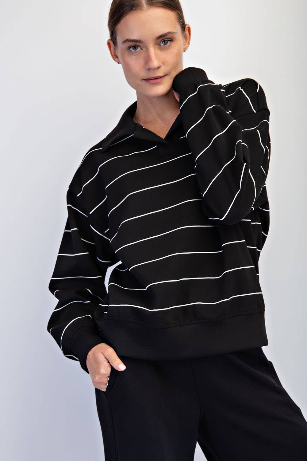 MODAL SCUBA STRIPE POLO SWEATSHIRT - Black