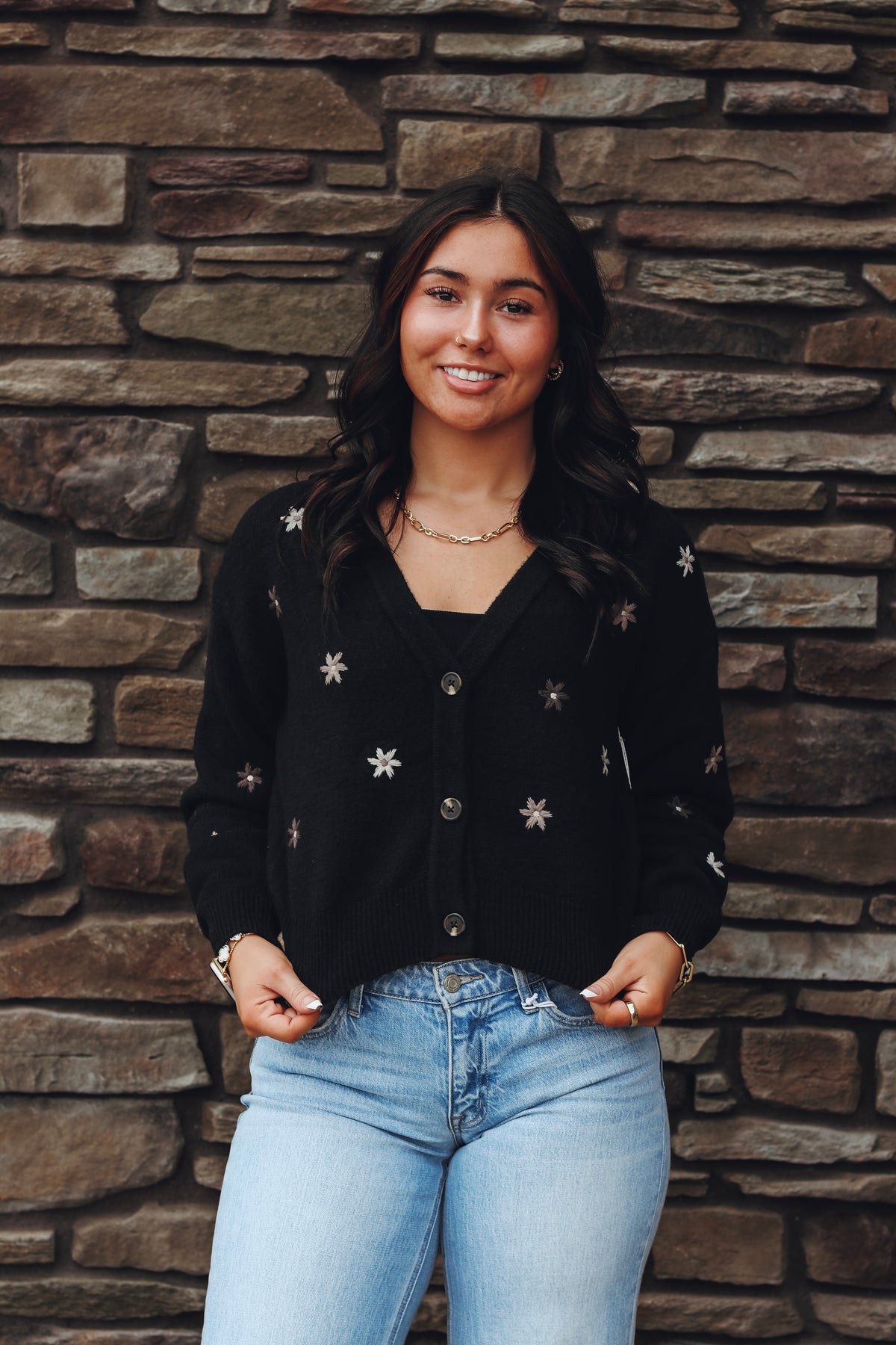 Dex Embroidered Flower Cardigan in Black, view 1