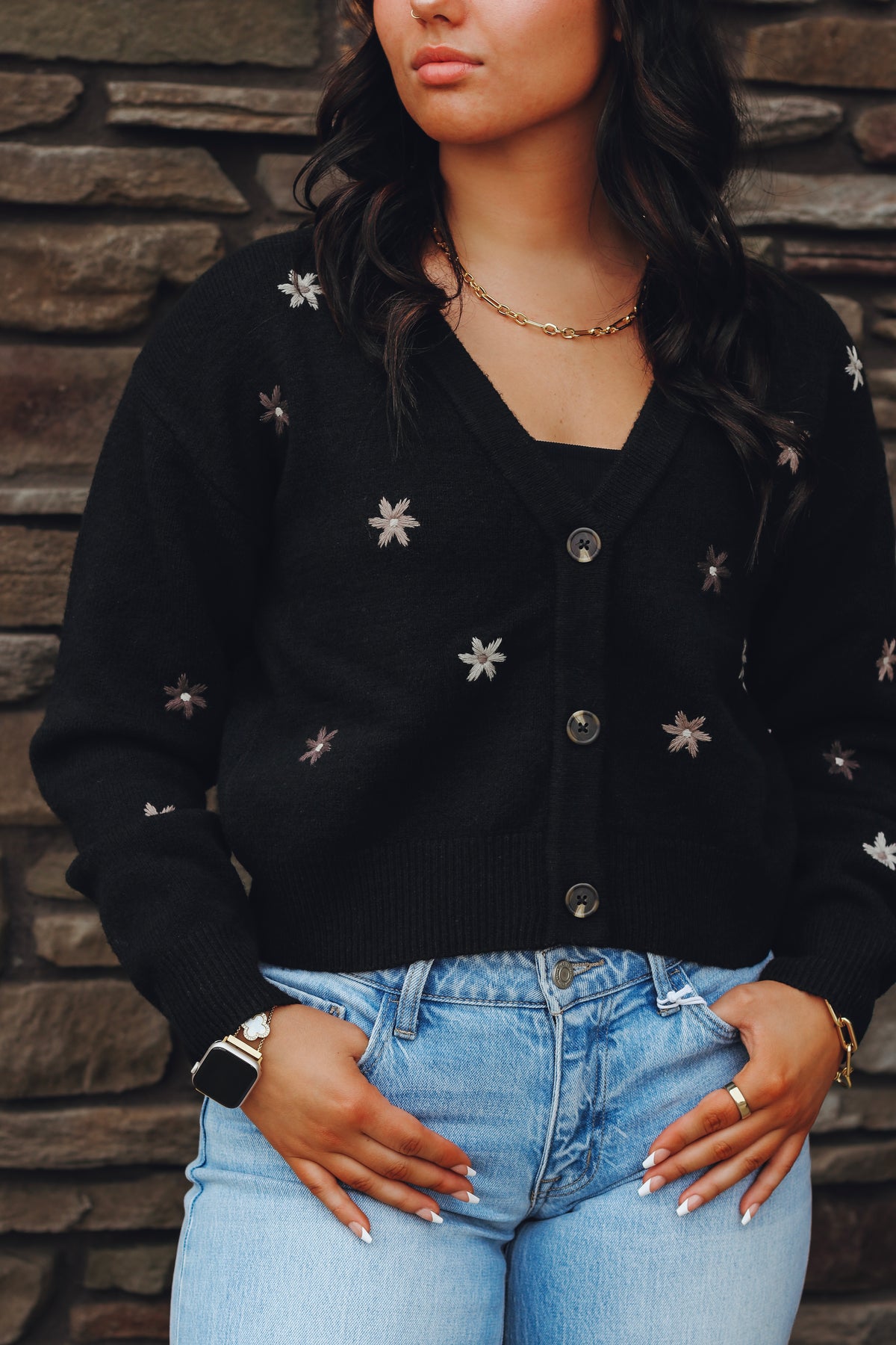 Dex Embroidered Flower Cardigan in Black, view 2