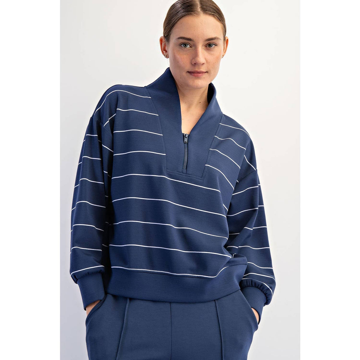 Rae Mode Modal Scuba Stripe V-Neck Top - Smoky Navy