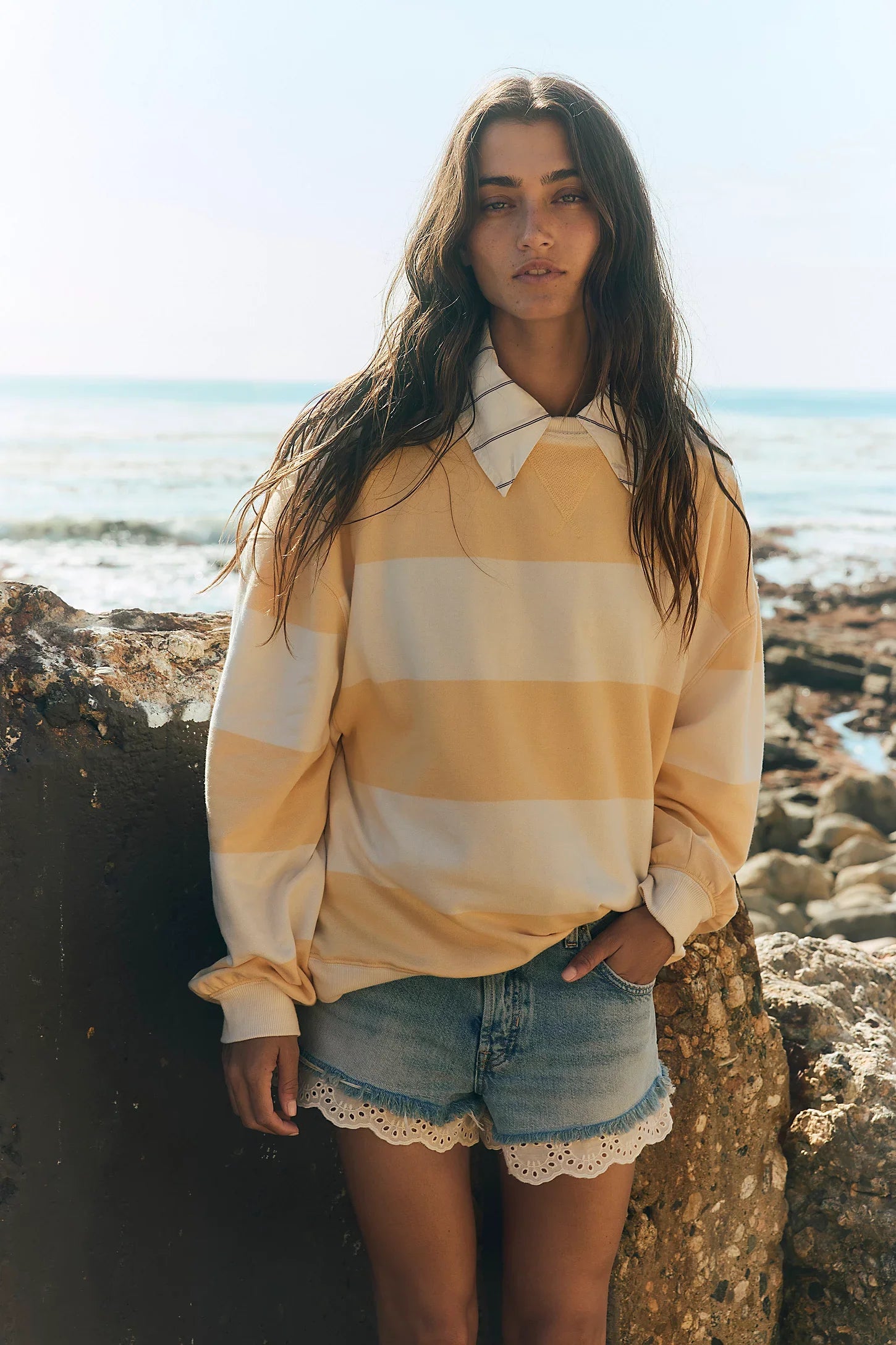 Free People Classic Stripe Crew Wide in Apricot Combo - lifestyle
