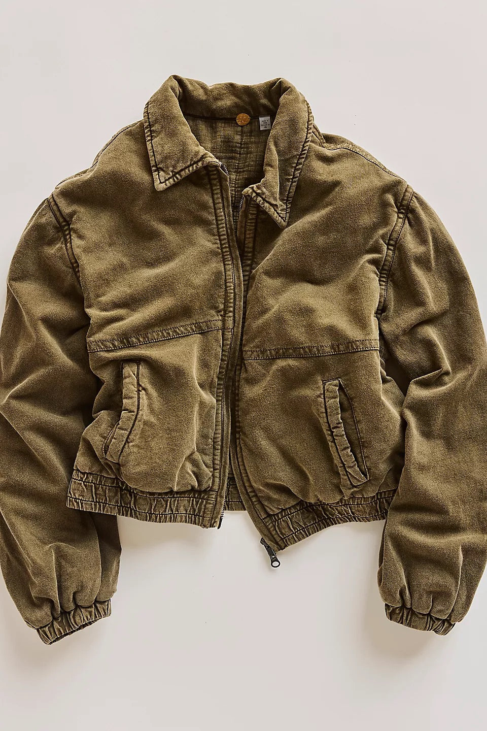 Free People Birdie Jacket in Olive - detail view, balloon sleeve