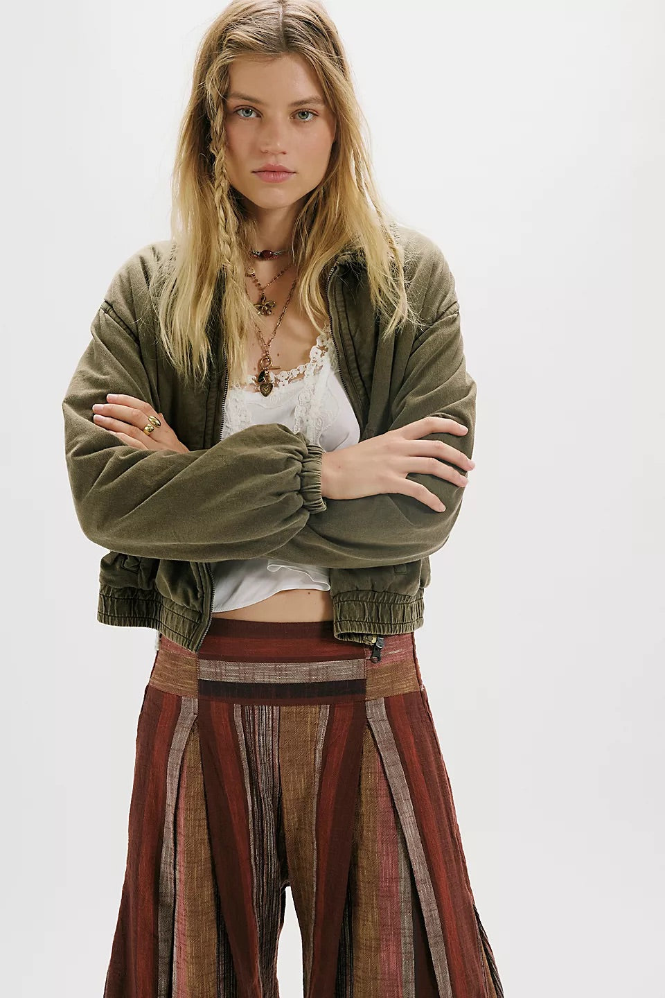 Free People Birdie Jacket in Olive - detail view, cotton twill and shirred hem