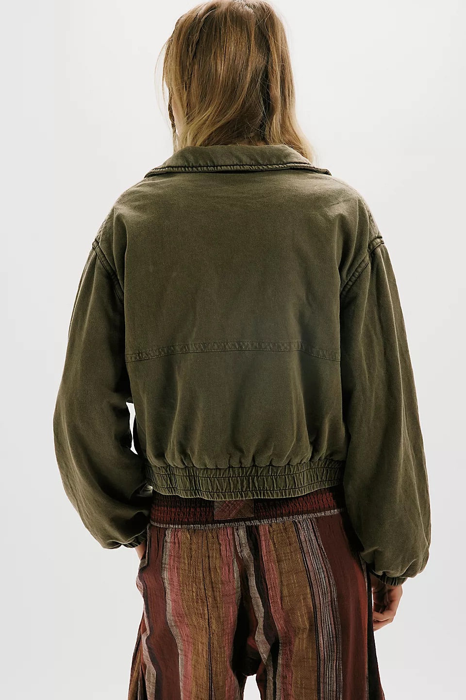 Free People Birdie Jacket in Olive - worn, zip-front bomber