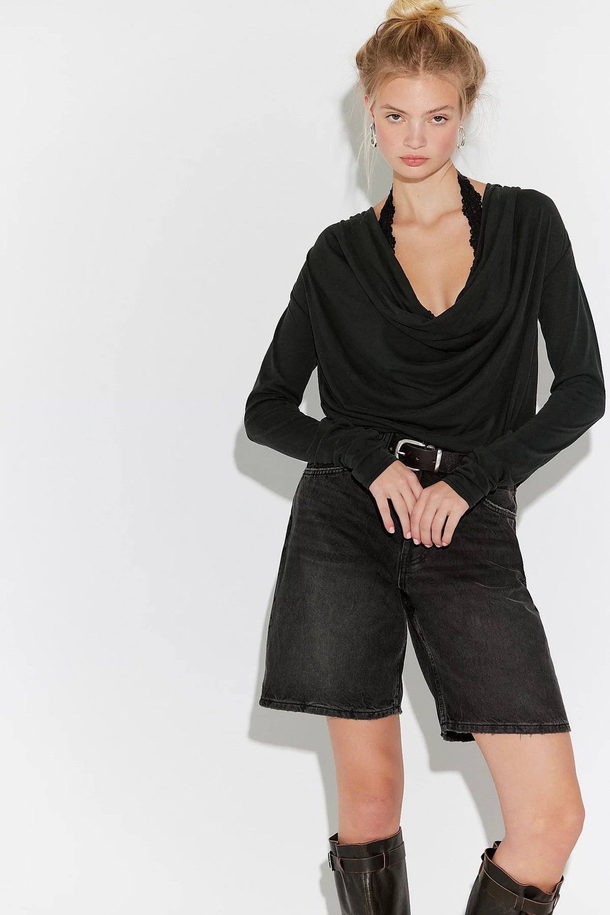 Free People Jane Long Sleeve in Black - front view, cowl neckline