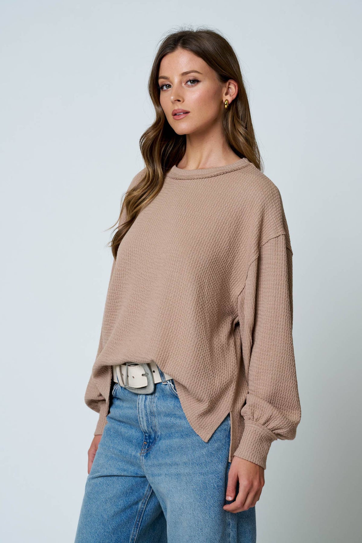 Blu Pepper Textured Exposed Seam Top- Navy