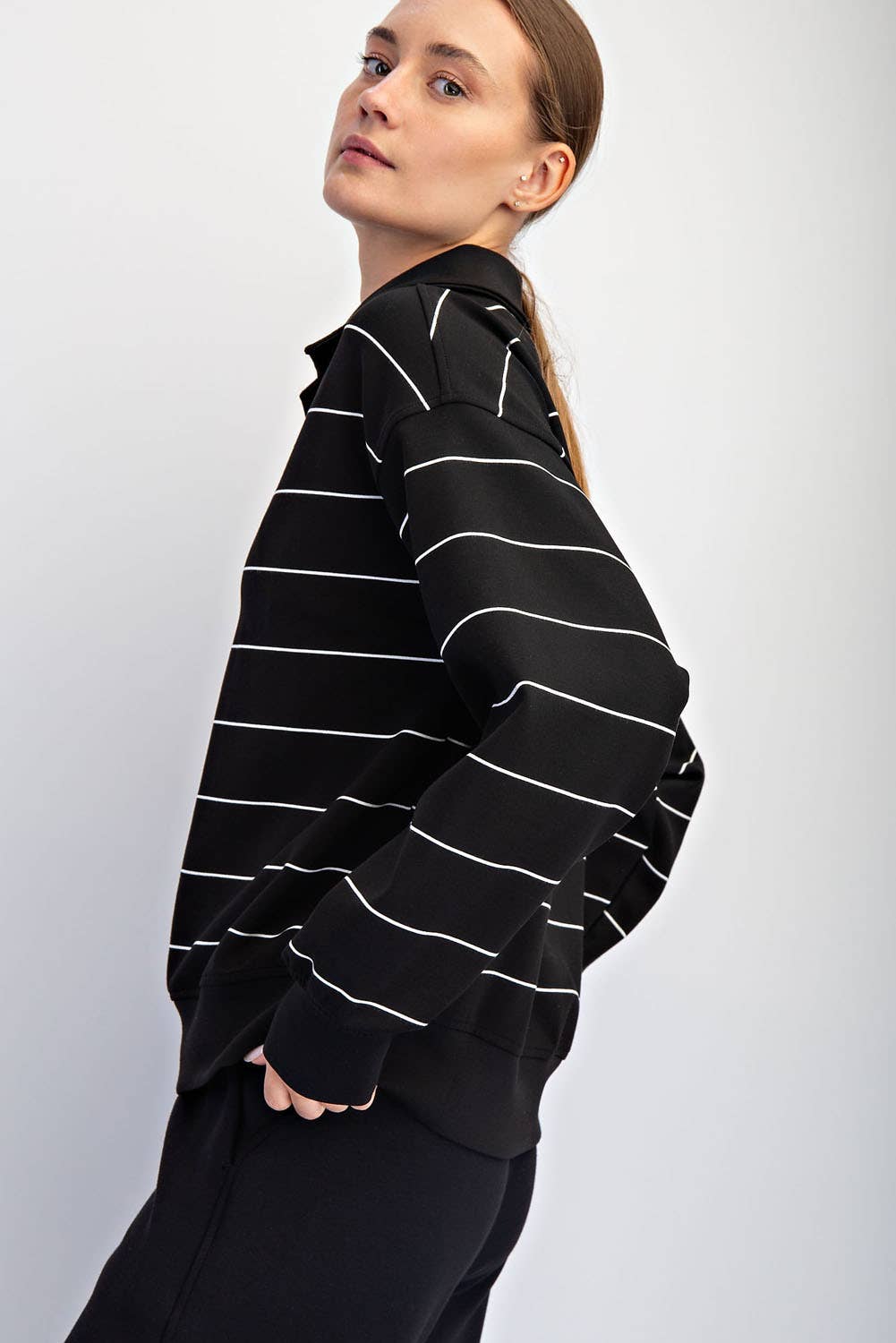 MODAL SCUBA STRIPE POLO SWEATSHIRT - Black