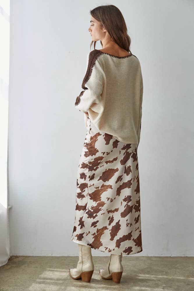 By Together Cow Print Satin Midi Skirt