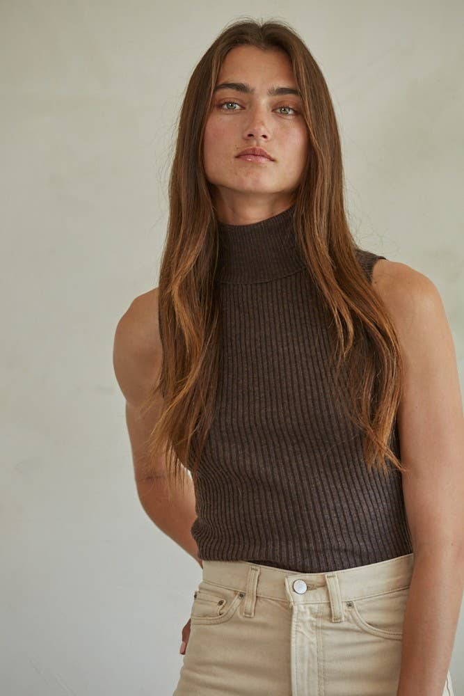 By Together Turtleneck Sleeveless Top - Chocolate