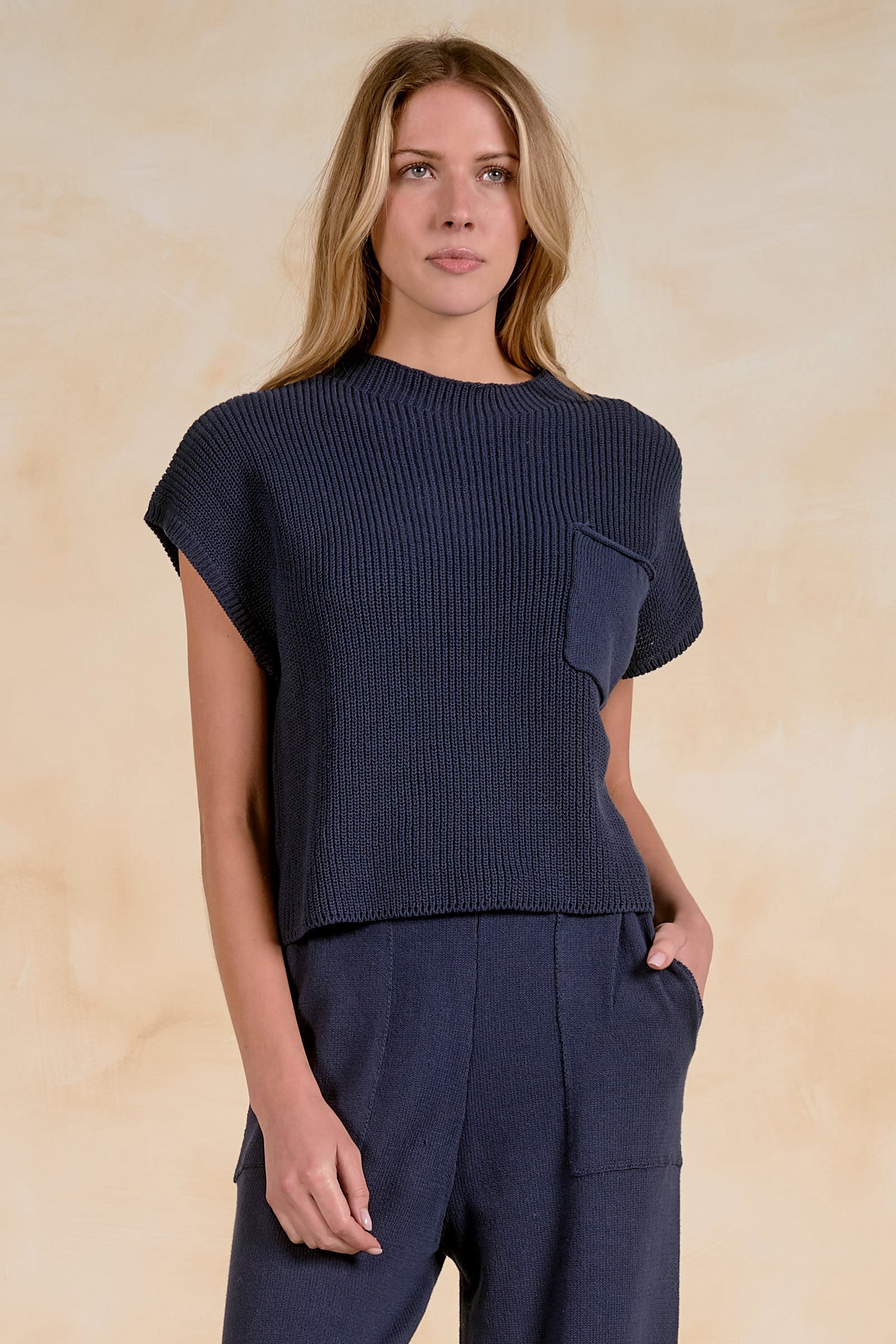 Elan Cap Sleeve Sweater - Navy front view