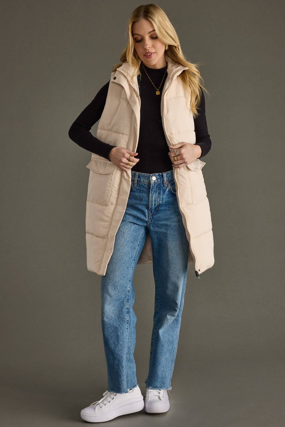 Panache Long Puffer Vest in Cream - front view