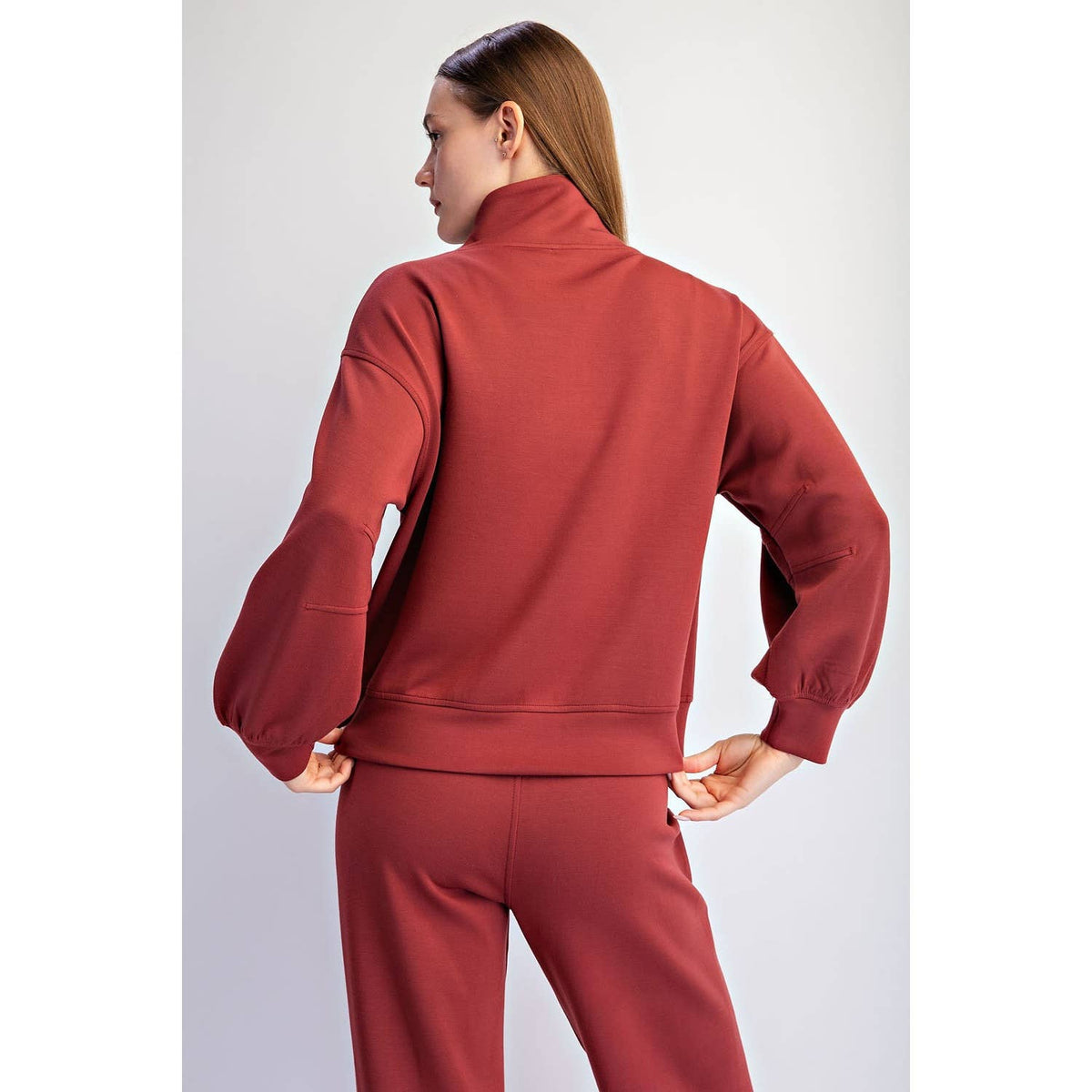 Modal Scuba Quarter Zip Barrel Sleeve Top - Merlot