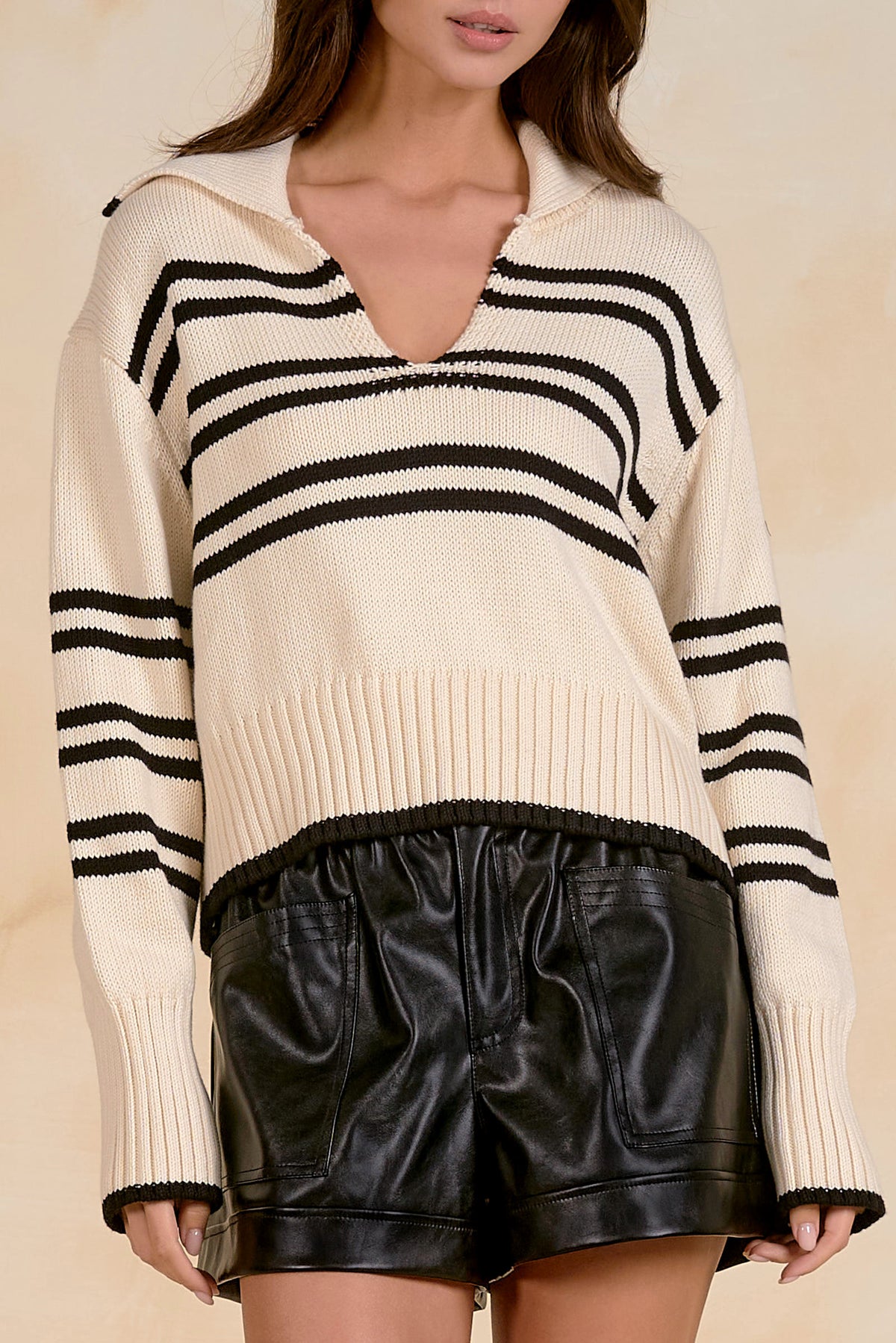 Elan Collared V-Neck Sweater - White w/Stripes front view