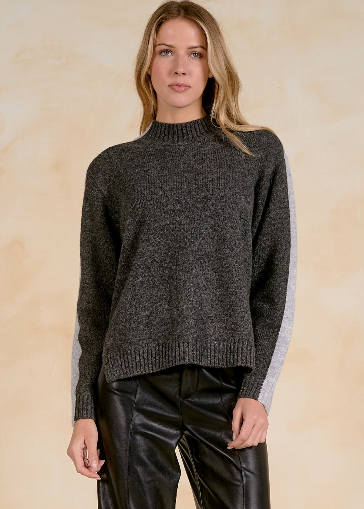 Elan Colorblock Crewneck Sweater - Grey Two Tone front view