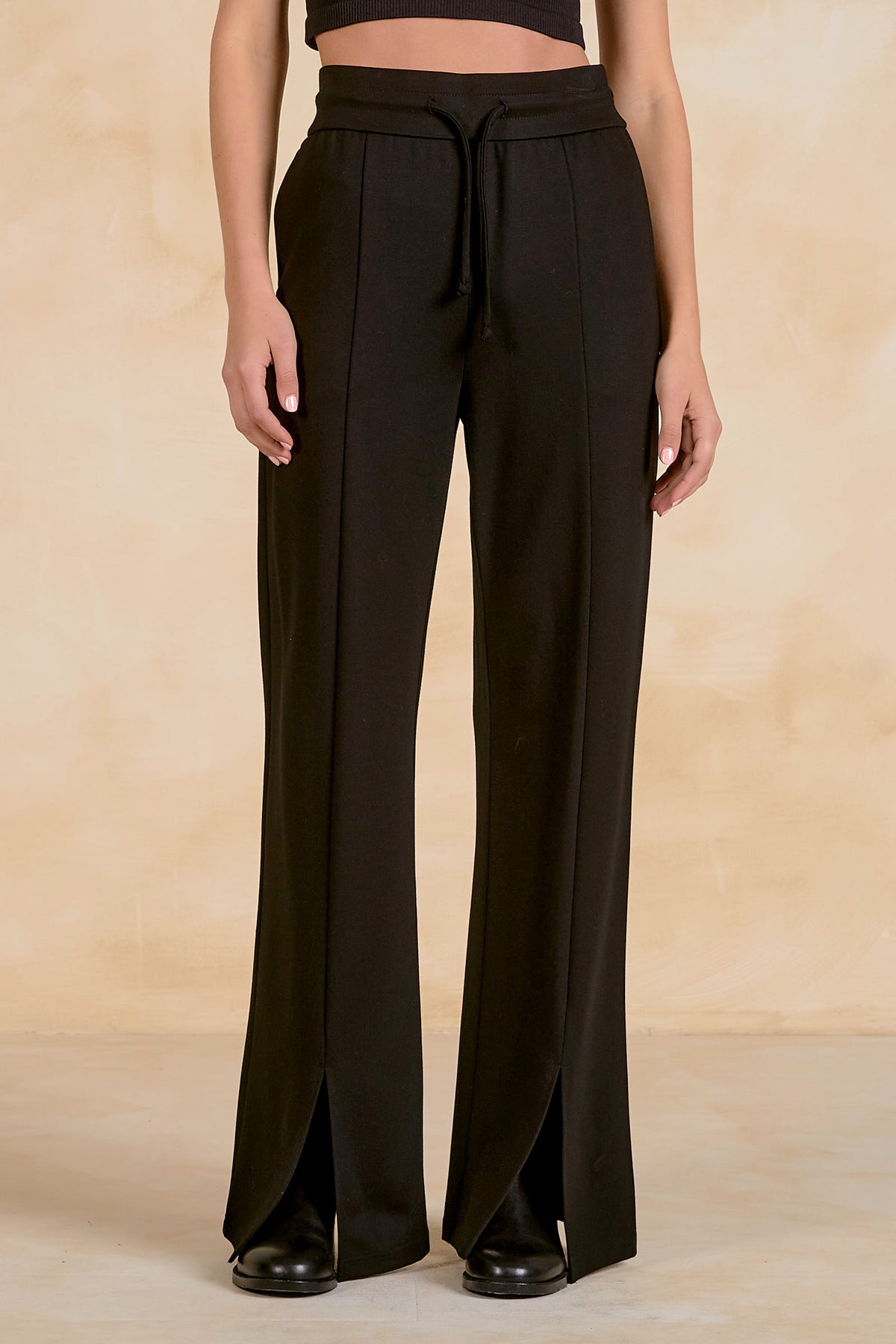 Elan Drawstring Open Bottom Pant - Black front view