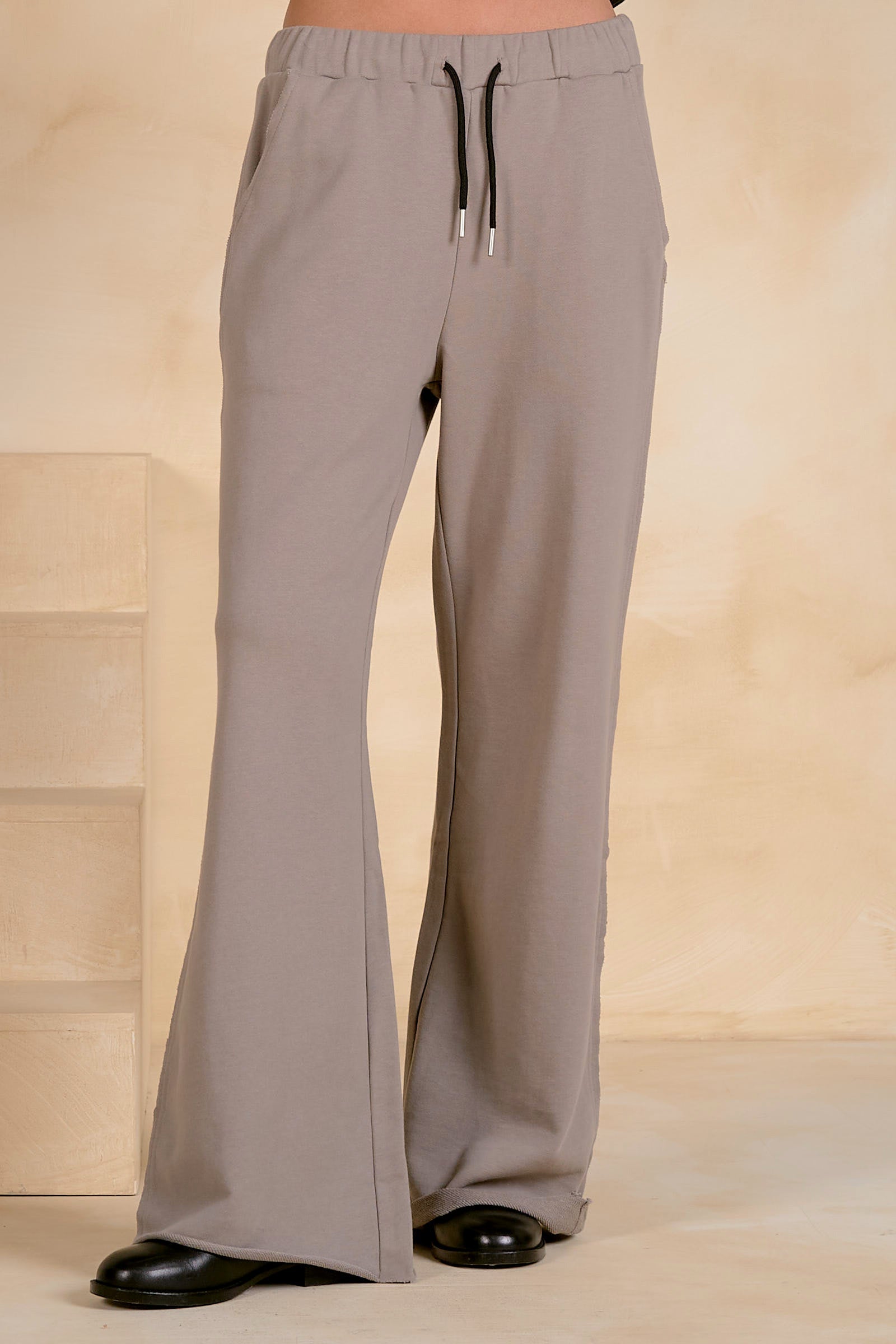 Elan Drawstring Pant in Taupe/Black, relaxed wide-leg pull-on style