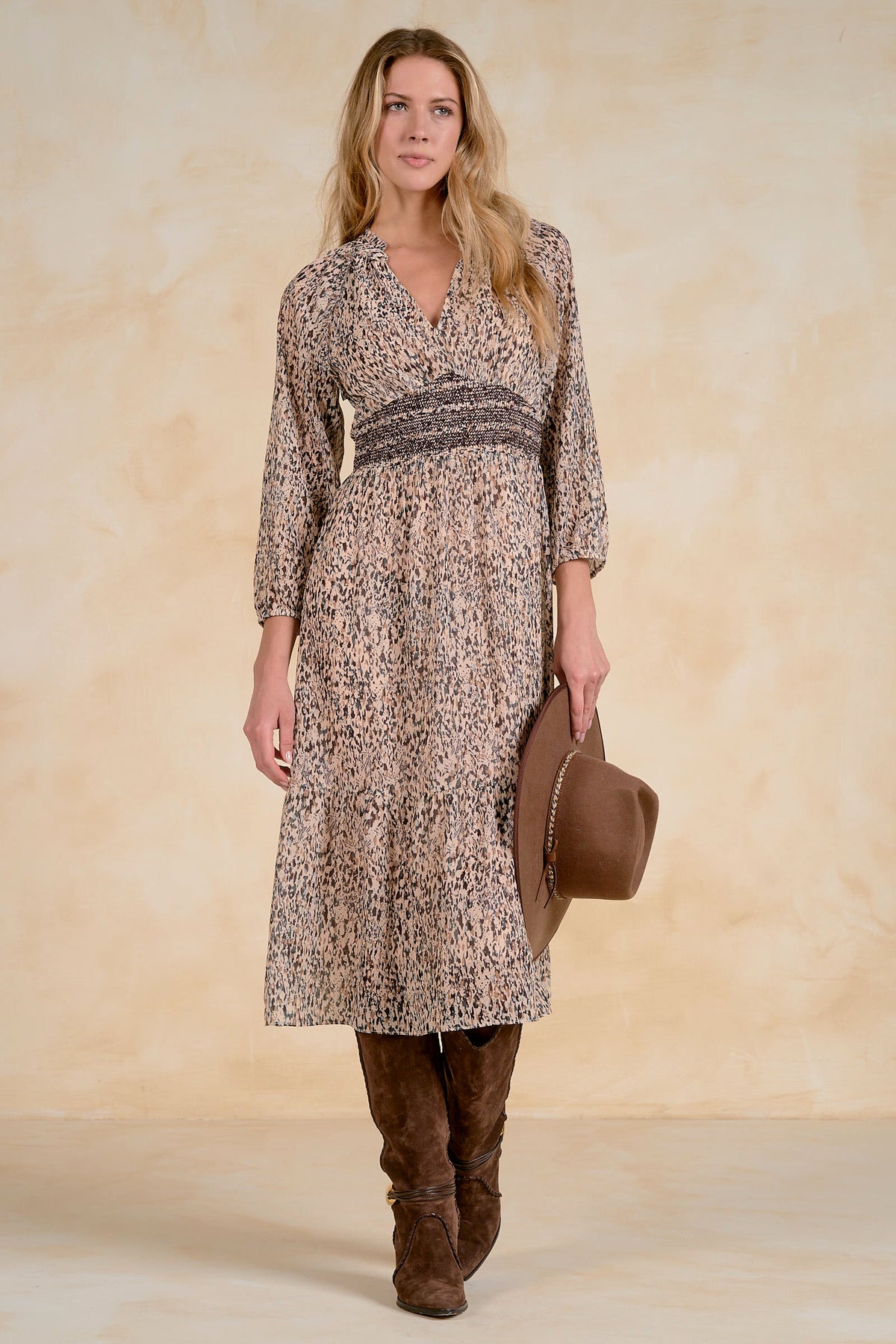 Elan Midi V-Neck 3/4 Sleeve Dress - Brown Lia back view