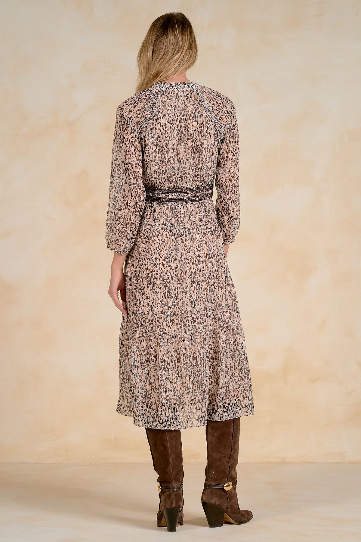 Elan Midi V-Neck 3/4 Sleeve Dress - Brown Lia front view