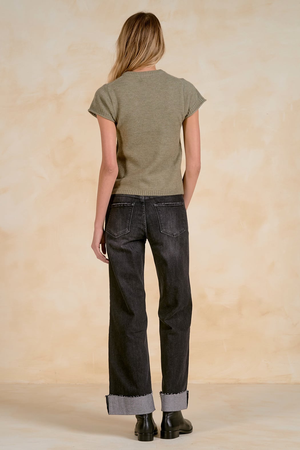 Elan Short Sleeve Crewneck Sweater - Light Olive back view