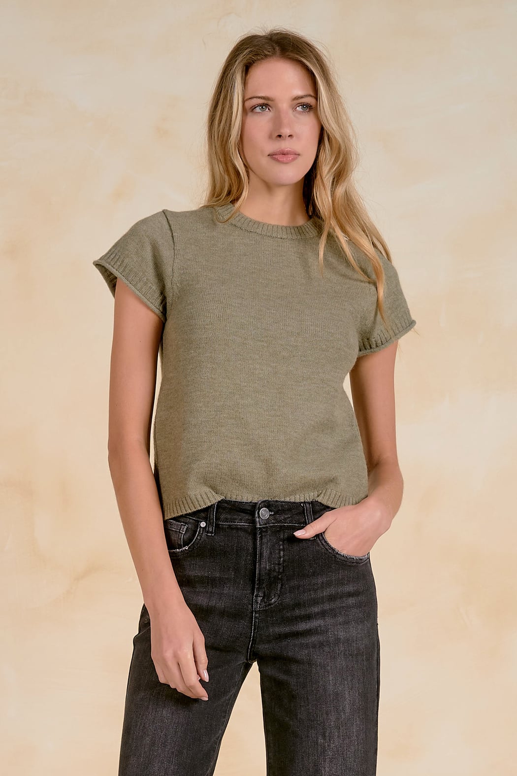 Elan Short Sleeve Crewneck Sweater - Light Olive front view
