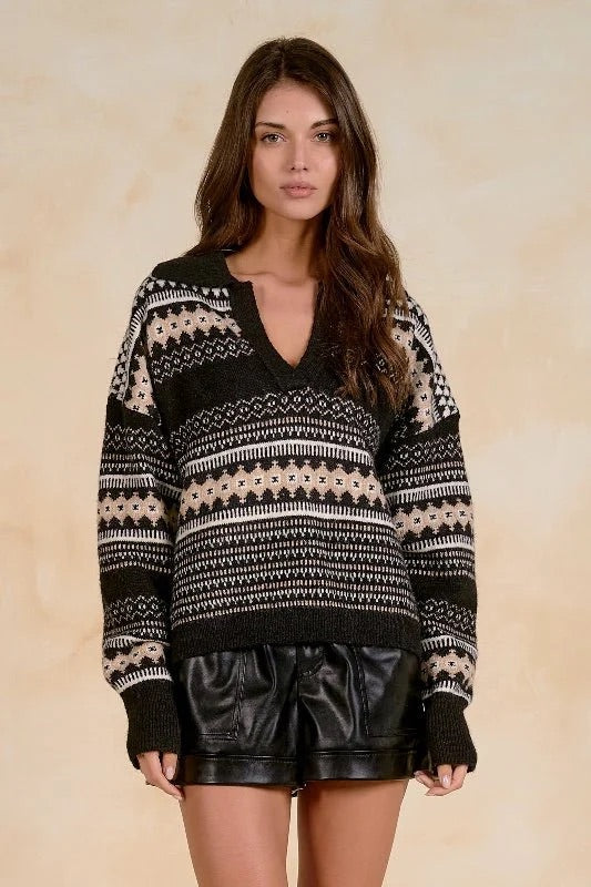 Elan V-Neck Collar Sweater - Black
