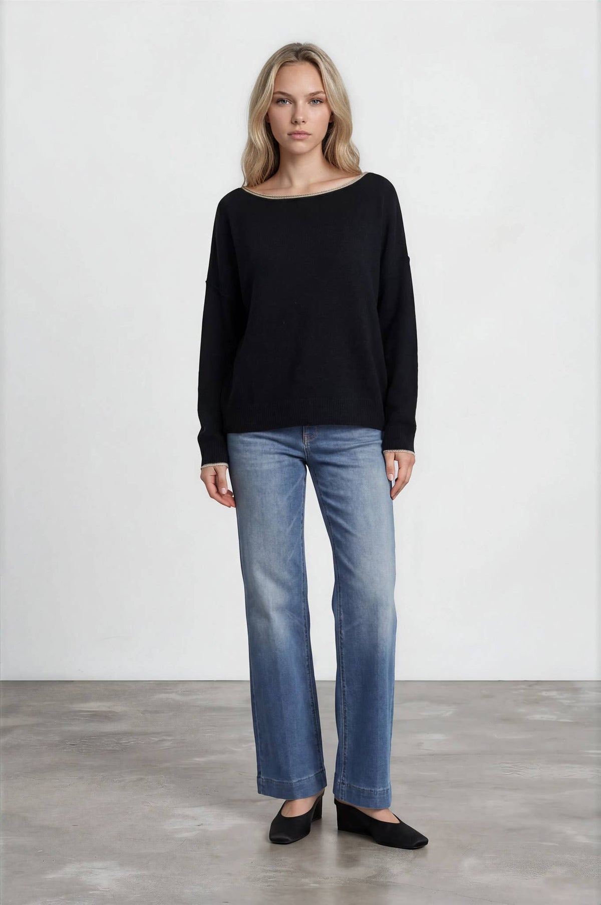 Blu Pepper Contrast Trim Off Shoulder Sweater Black close up
