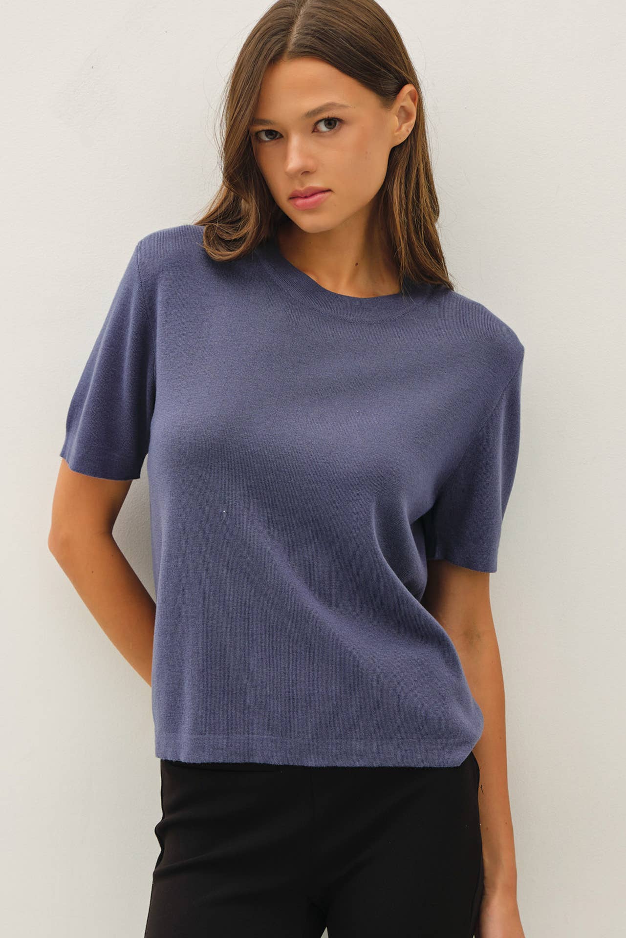 Cashmere Blended Short Sleeve Sweater - Slate Blue
