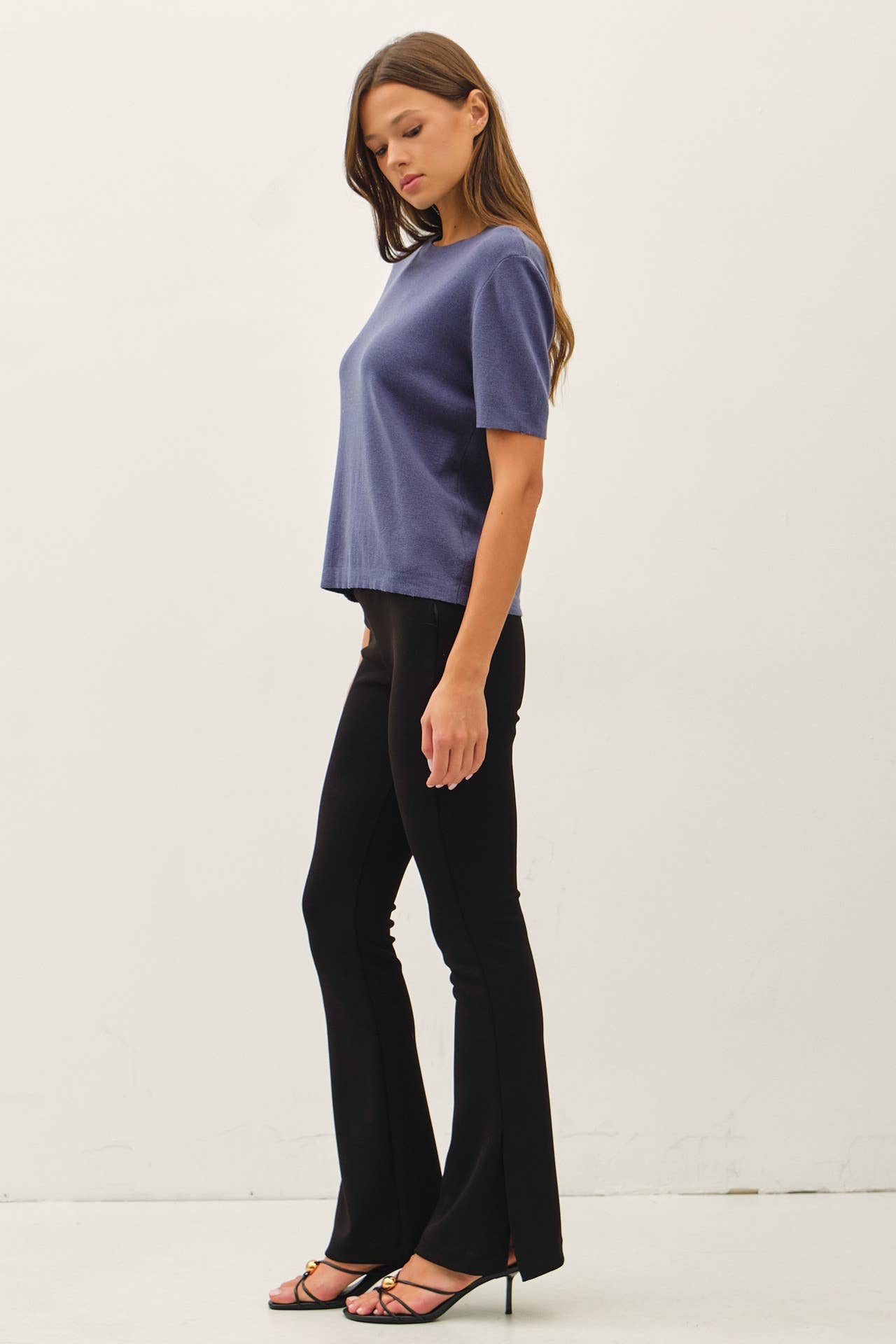 Cashmere Blended Short Sleeve Sweater - Slate Blue